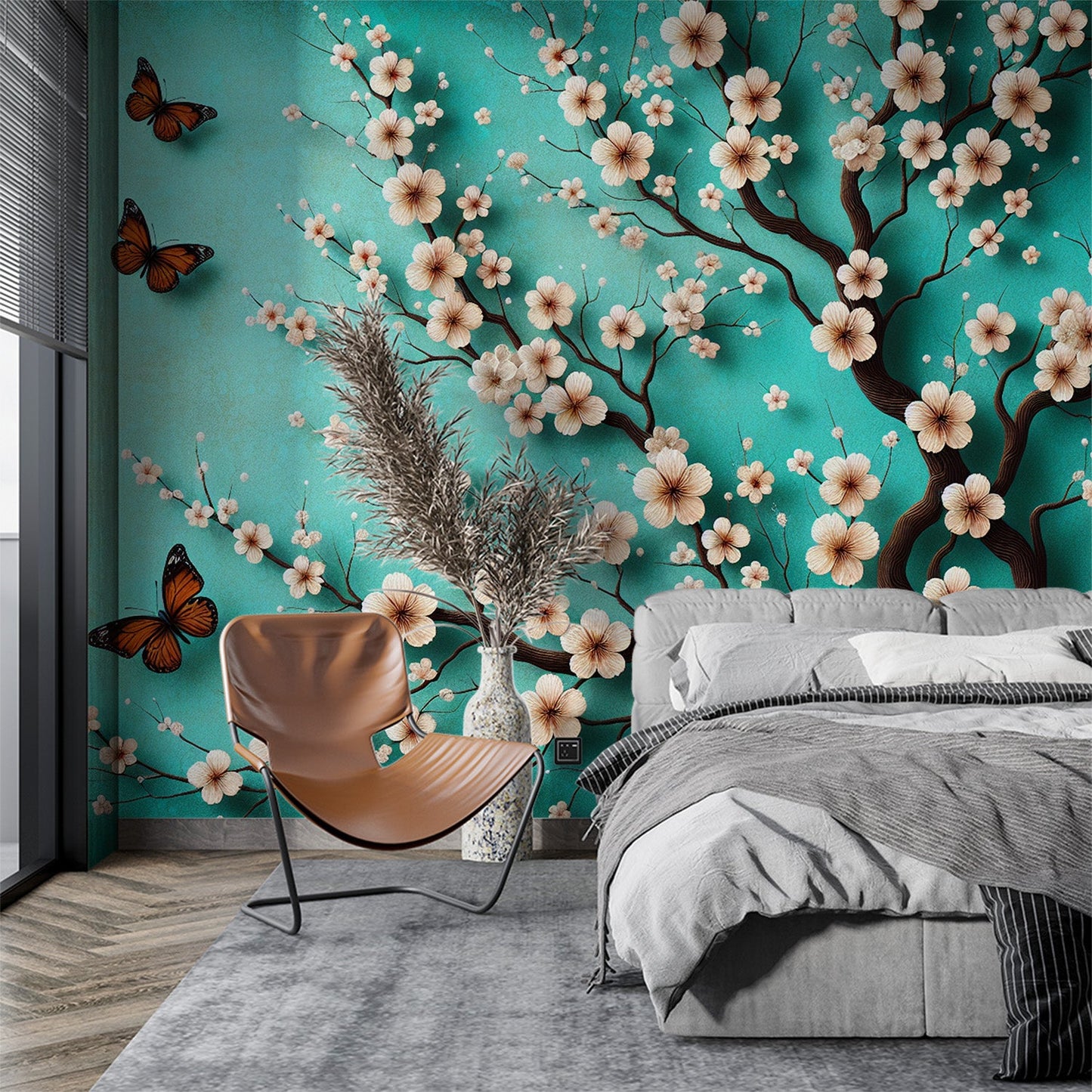 Kirschblüten Tapete | Verwitterter blauer Hintergrund mit Schmetterlingen und weißen Kirschblüten