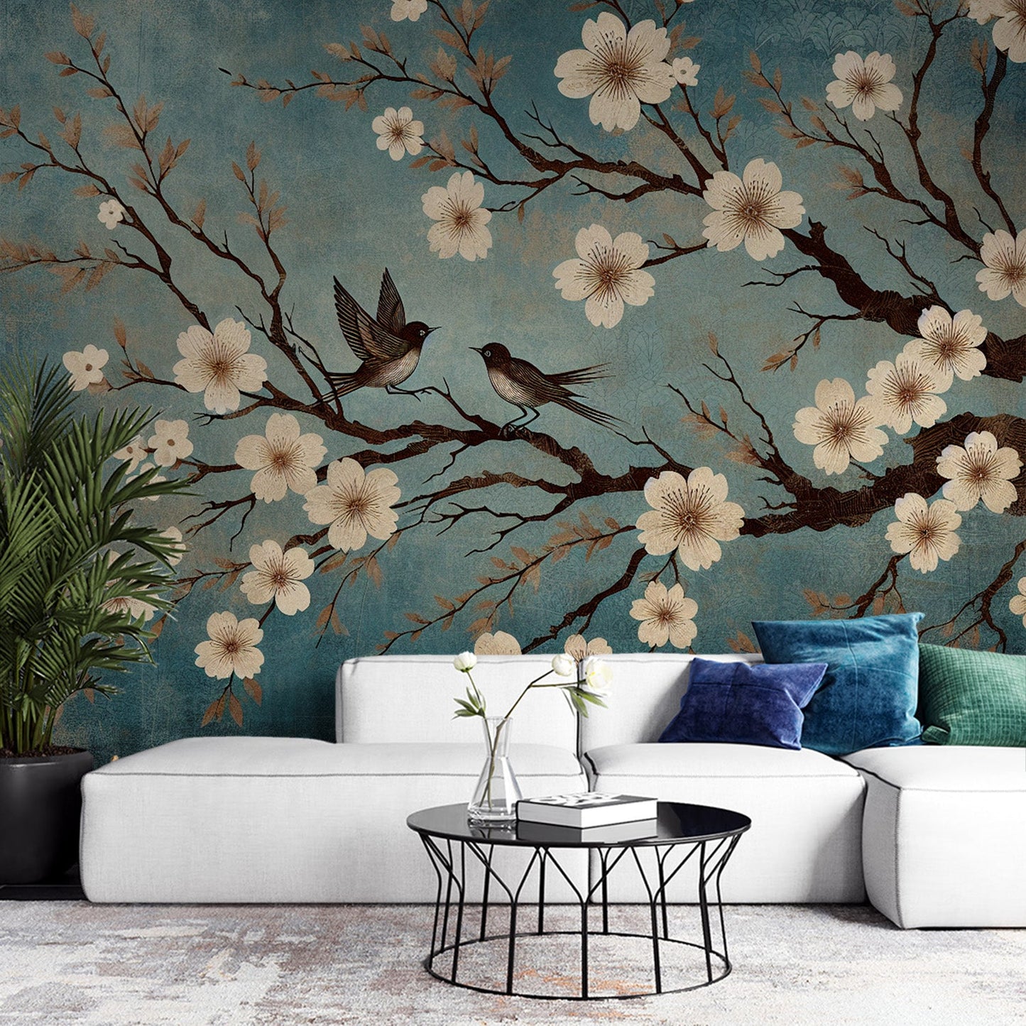 Kirschblüten Tapete | Nachtblau und gealterter Hintergrund mit weißen Kirschblüten