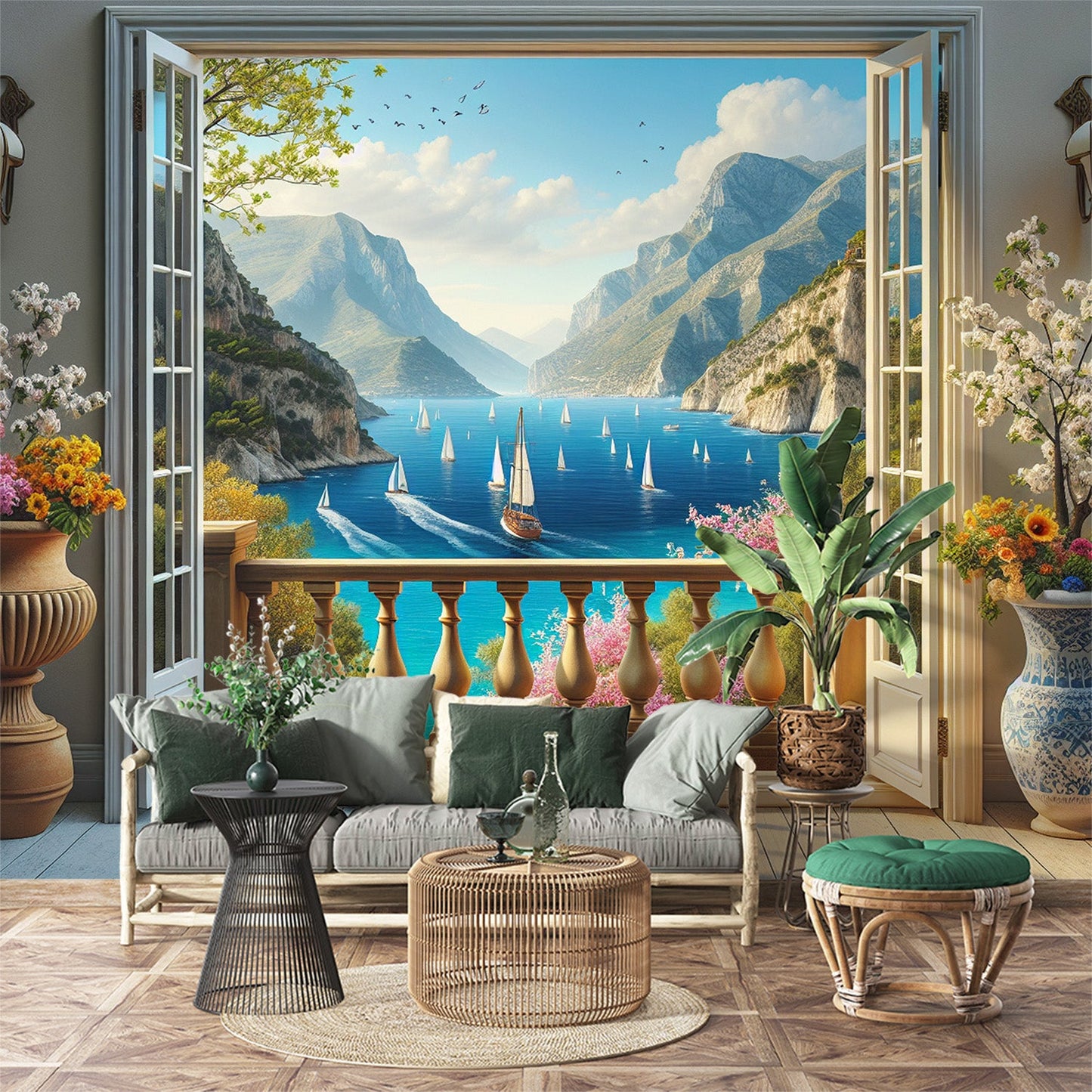 3D Tapete | Offenes Fenster mit atemberaubendem Blick auf einen Bootsausgang