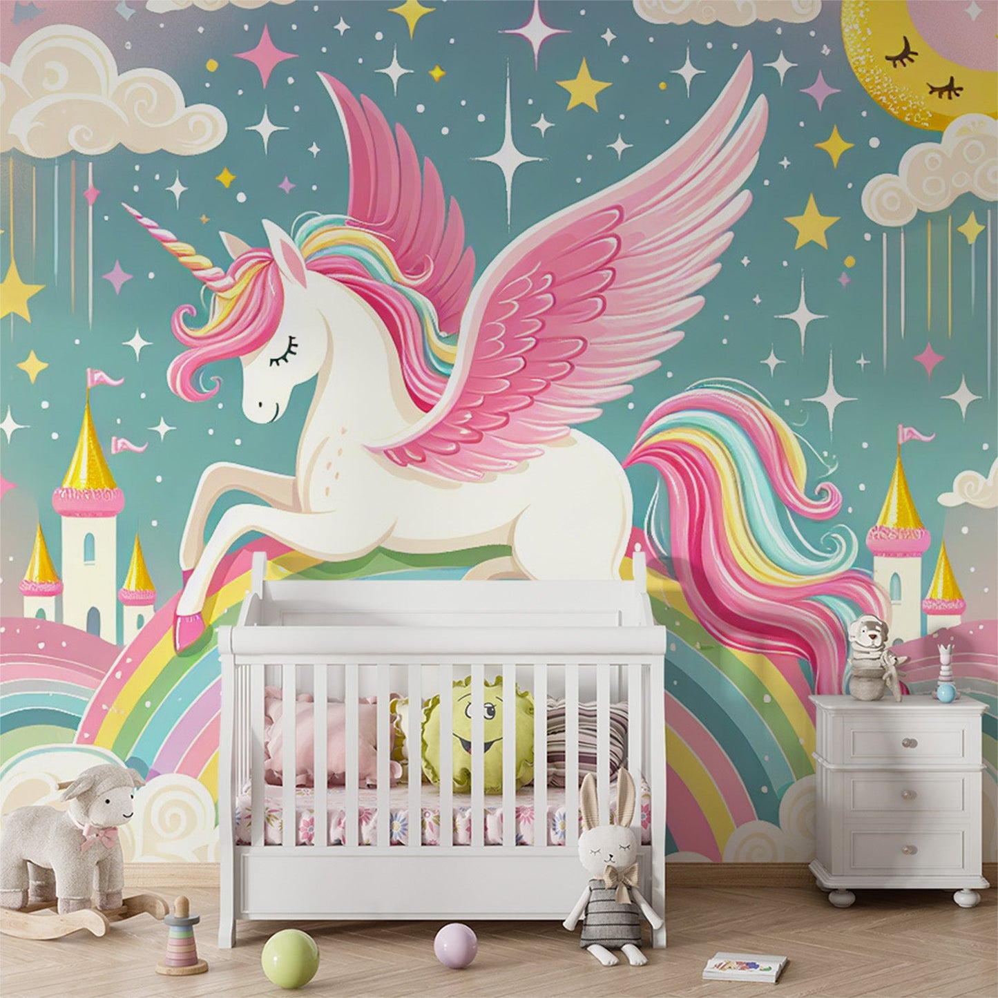 Regenbogen Tapete | Einhorn und Wolke auf rosa Hintergrund