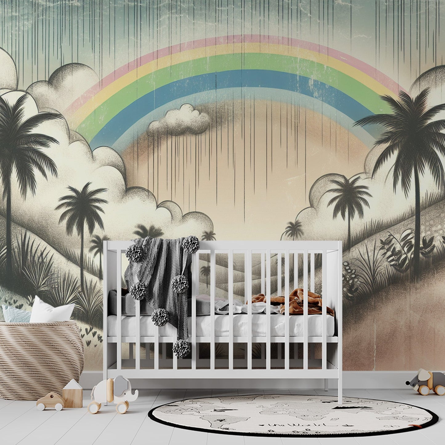 Regenbogen Tapete | Tropisch schwarz-weiß mit buntem Regenbogen