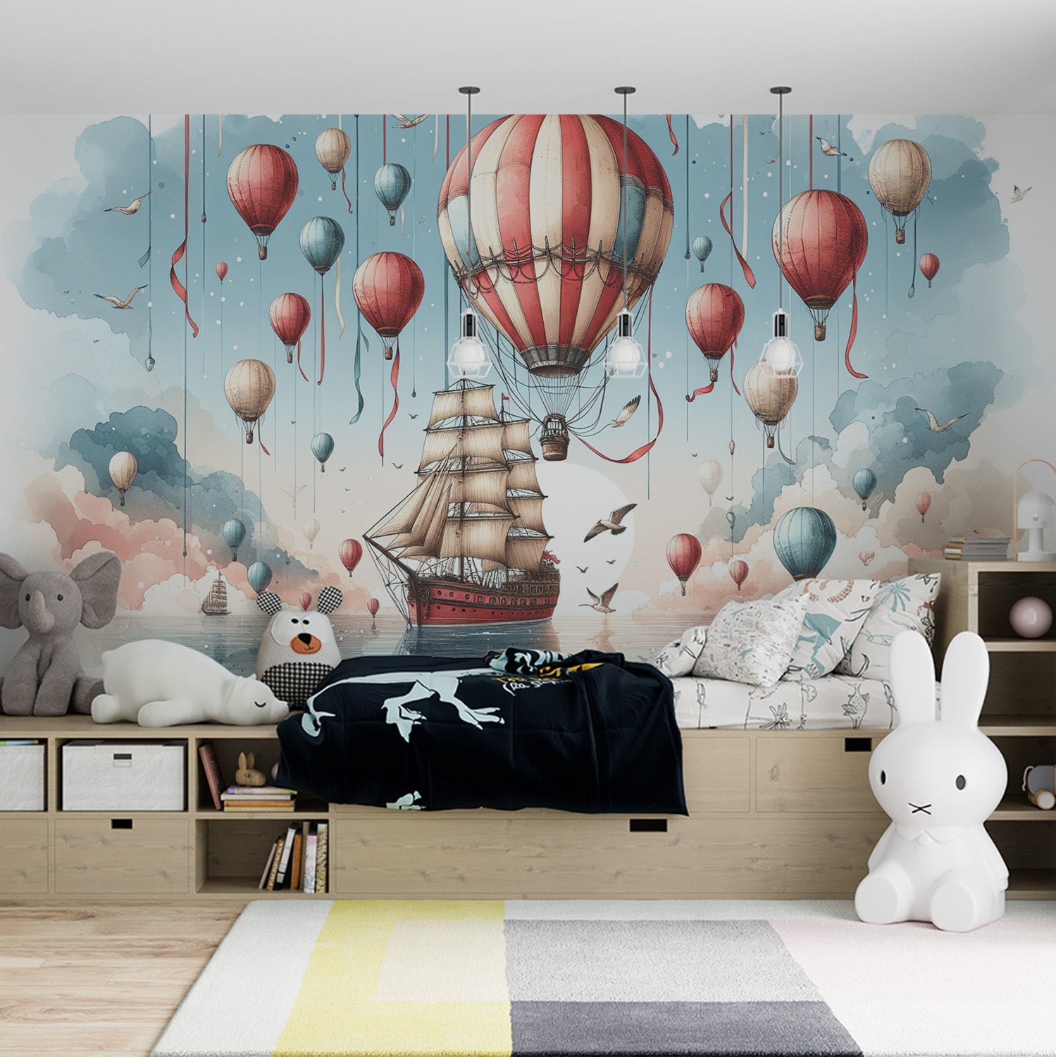 Tapete Heißluftballon | Piratenschiff und bunte Heißluftballons Tapete –  Wand Tapete, image size:1499x1500