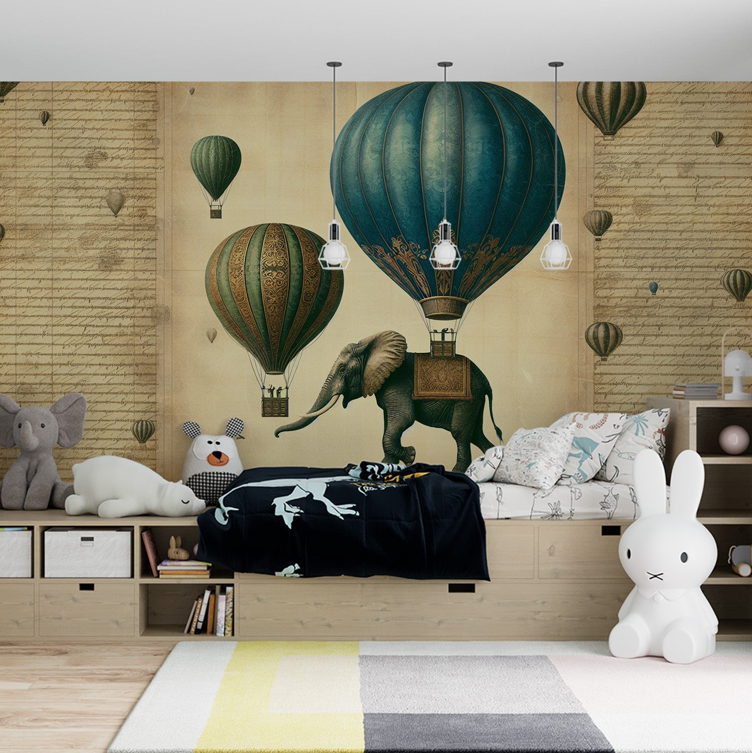 Tapete Heißluftballon | Elefant und bunte Ballons auf Vintage-Hintergr –  Wand Tapete, image size:1499x1500