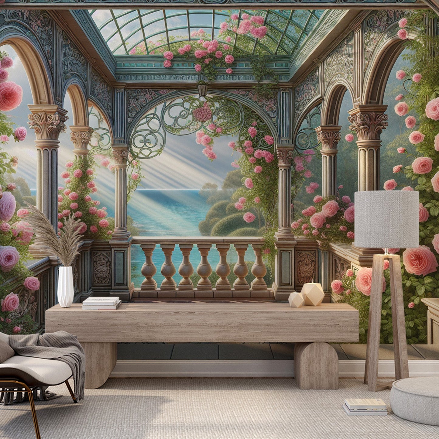 3D Tapete | Wintergarten mit Blick auf das Meer und seine Vegetation