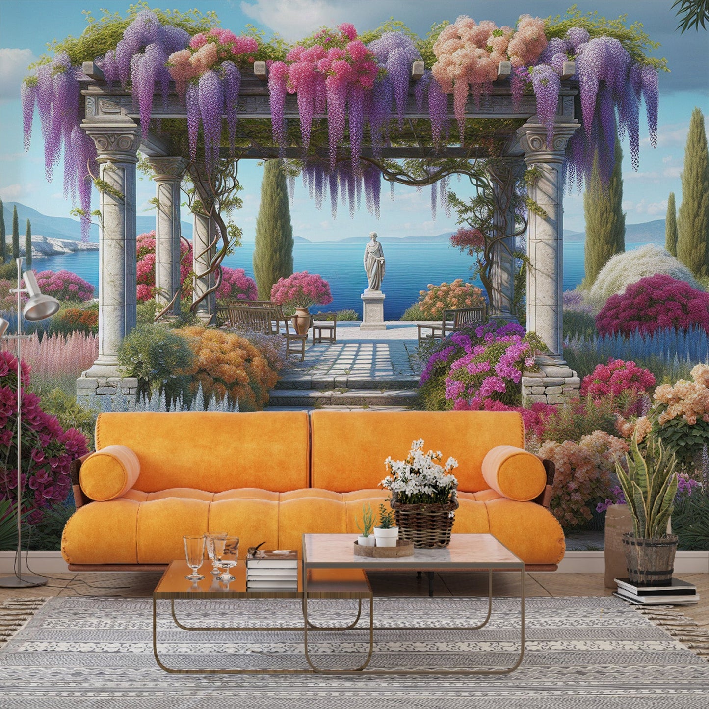 3D Tapete | Zen-Platz am Meer mit Statue und Blumen
