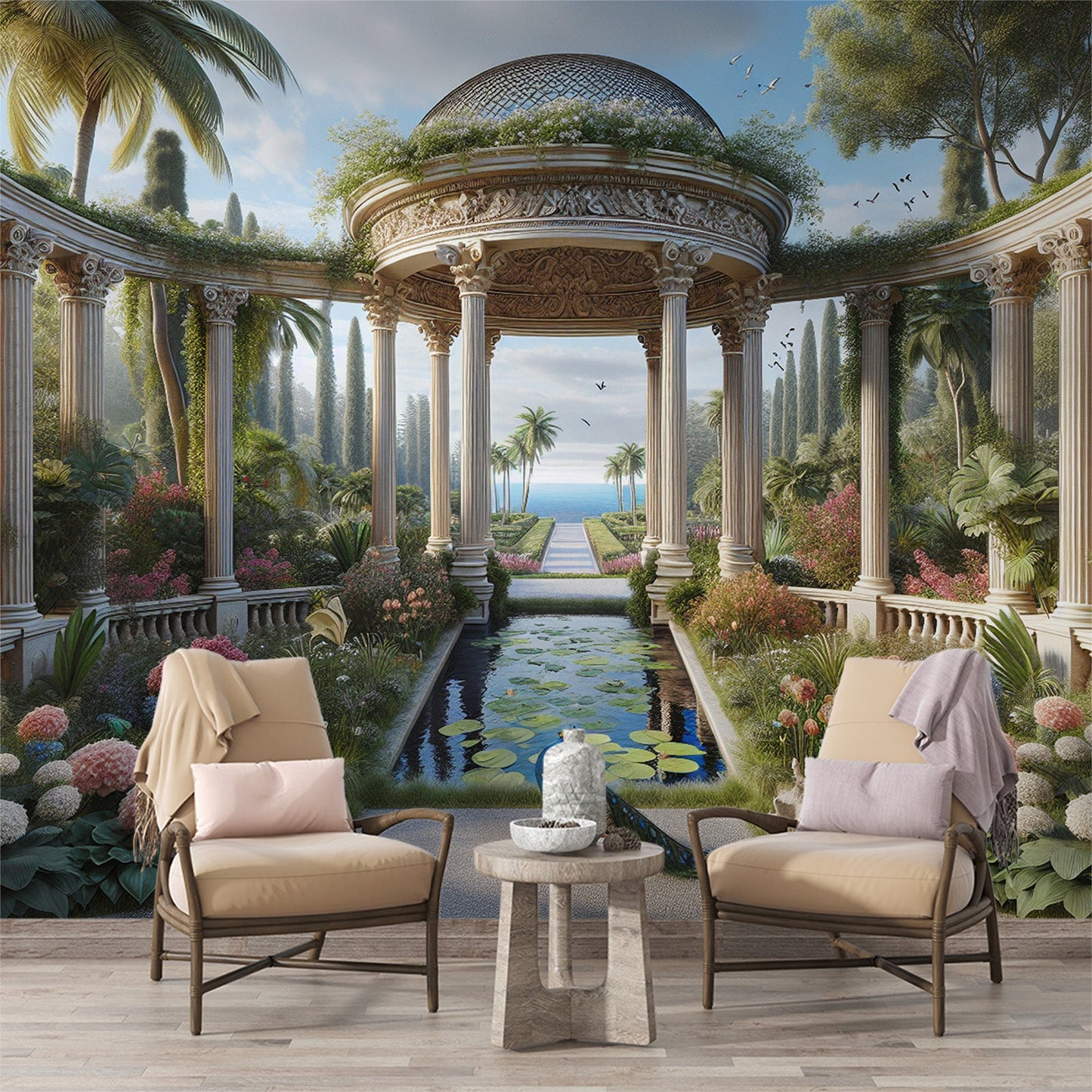 3D Tapete | Wasserlandschaft in antikem und blühendem Ort