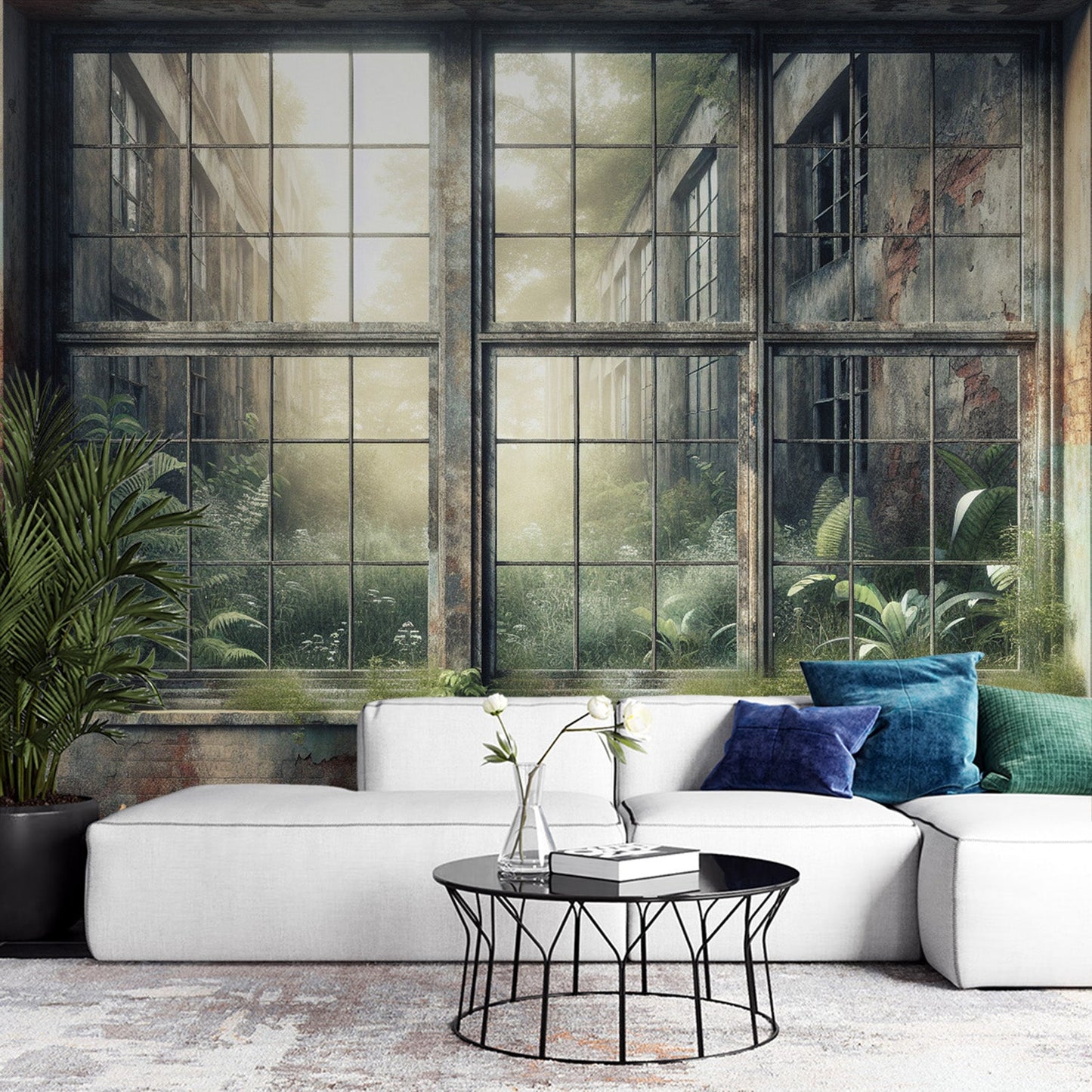 3D Tapete | Verglaste und verfallene Wände vor Gebüsch