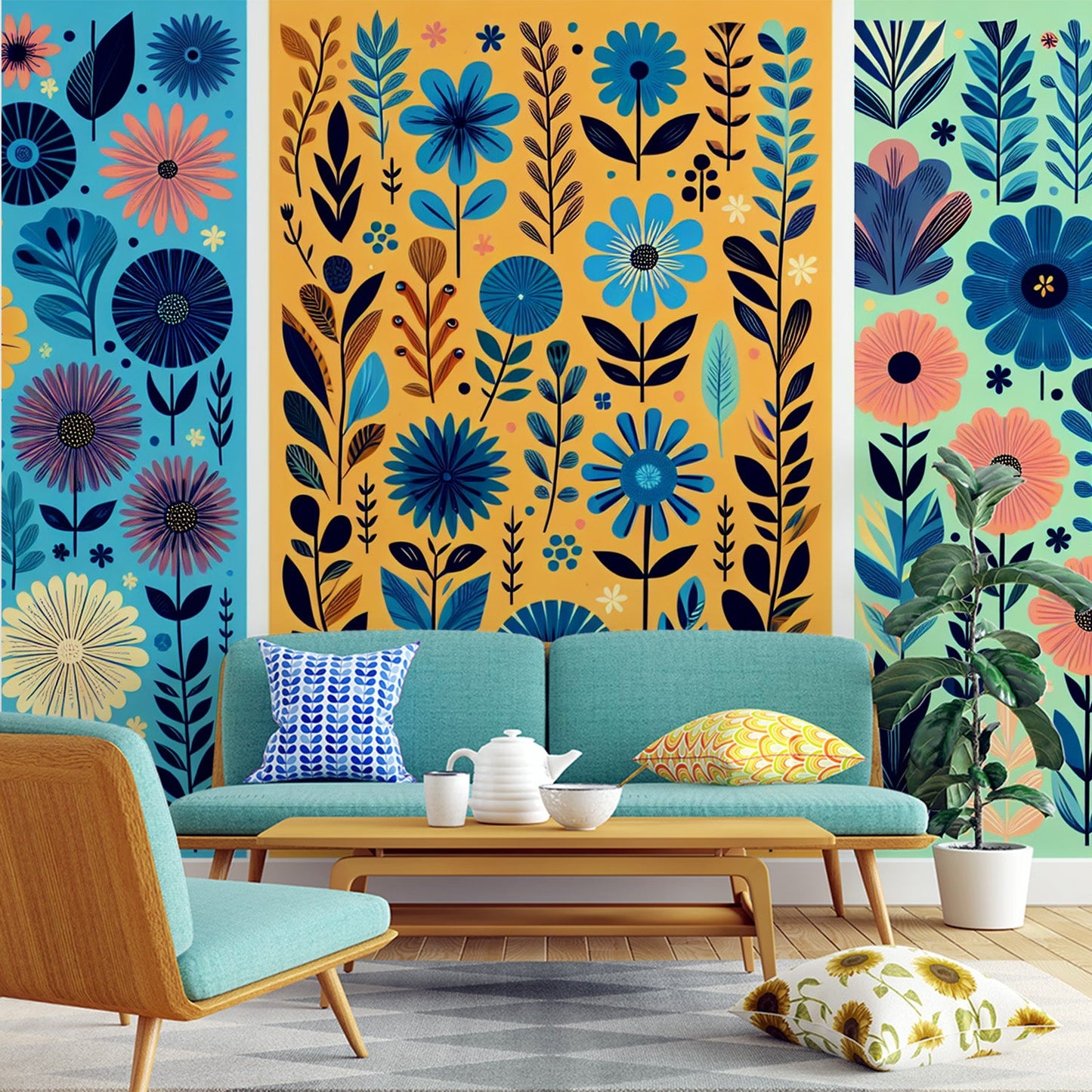 Art Deco Tapete | Blumen und Retro-Dekor mit lebendigen Farben