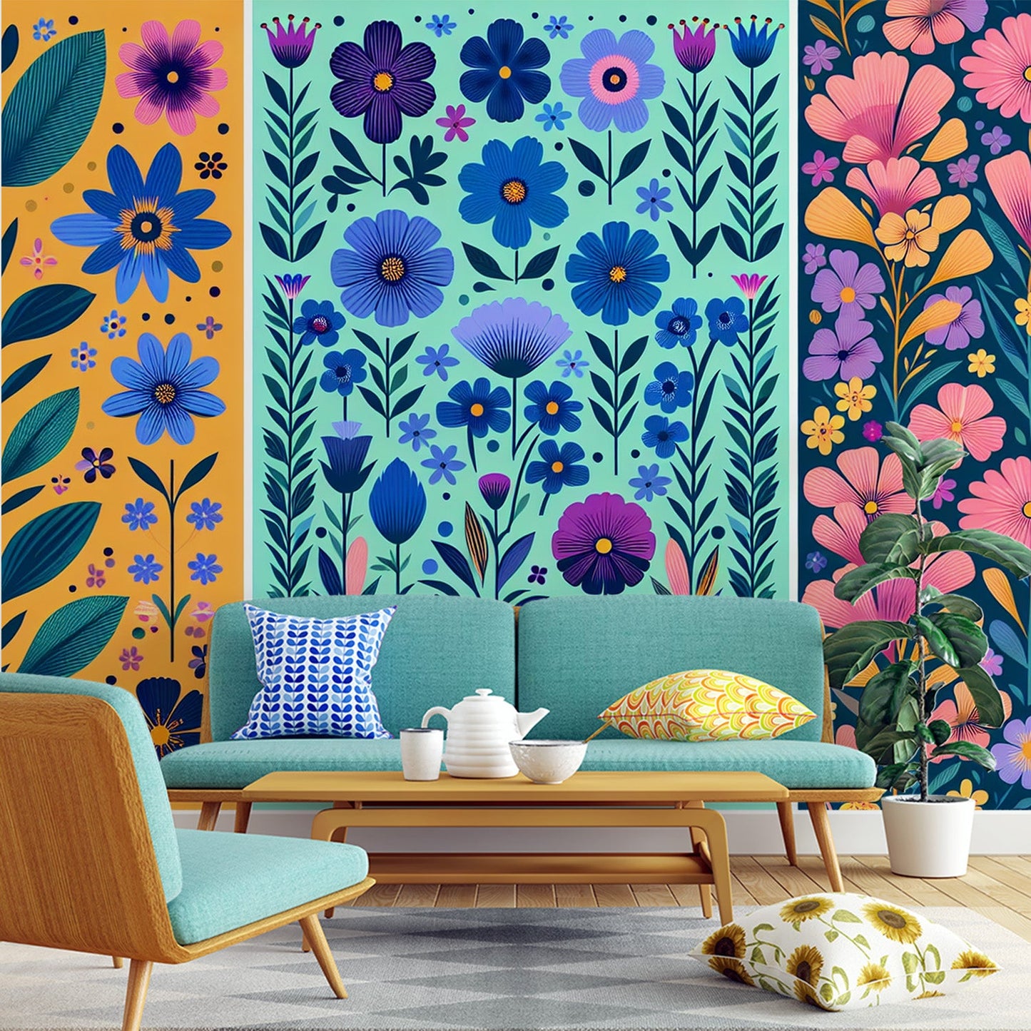 Art Deco Tapete | Vintage Blumen in Orange, Grün und Blau