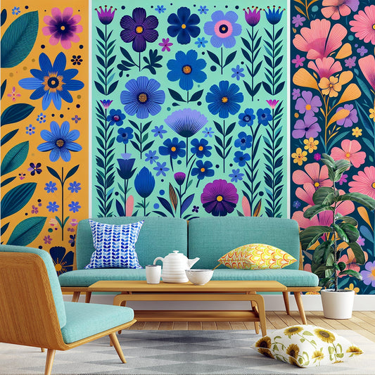 Art Deco Tapete | Vintage Blumen in Orange, Grün und Blau