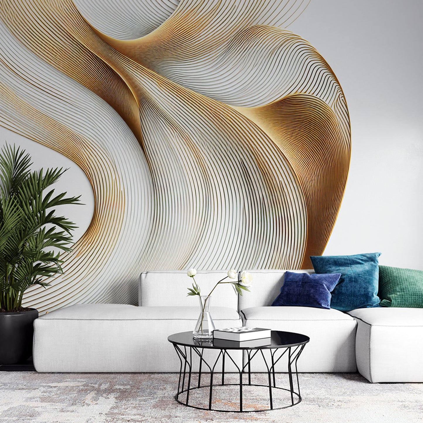Art Deco Tapete | Goldene abstrakte Form auf weißem Hintergrund