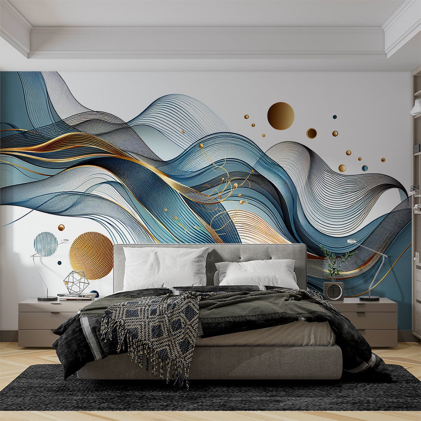 Art Deco Tapete | Abstrakte blaue Wellenform mit goldenen Akzenten