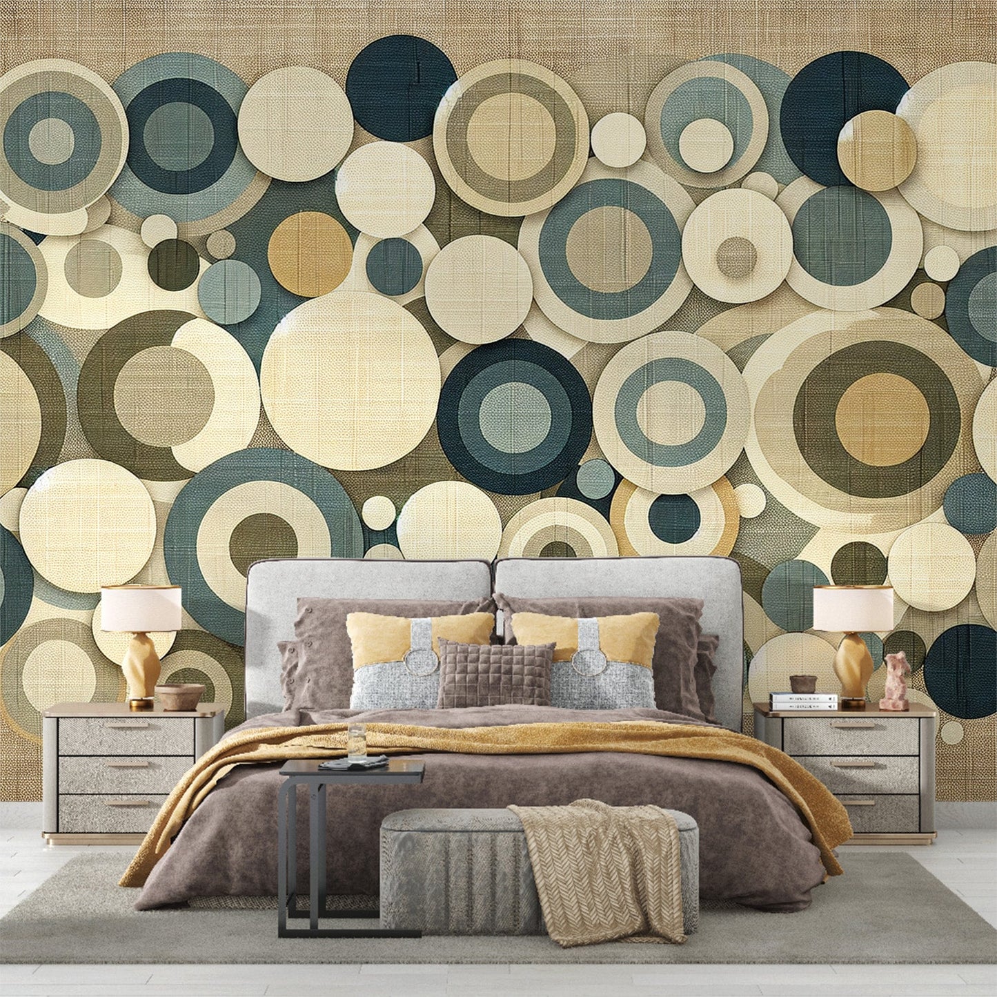 Art Deco Tapete | Bunte kreisförmige Formen auf vintage gewebter Leinwand