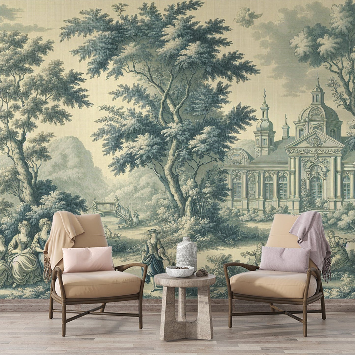 Art Deco Tapete | Toile de Jouy Stil mit königlichem Gebäude