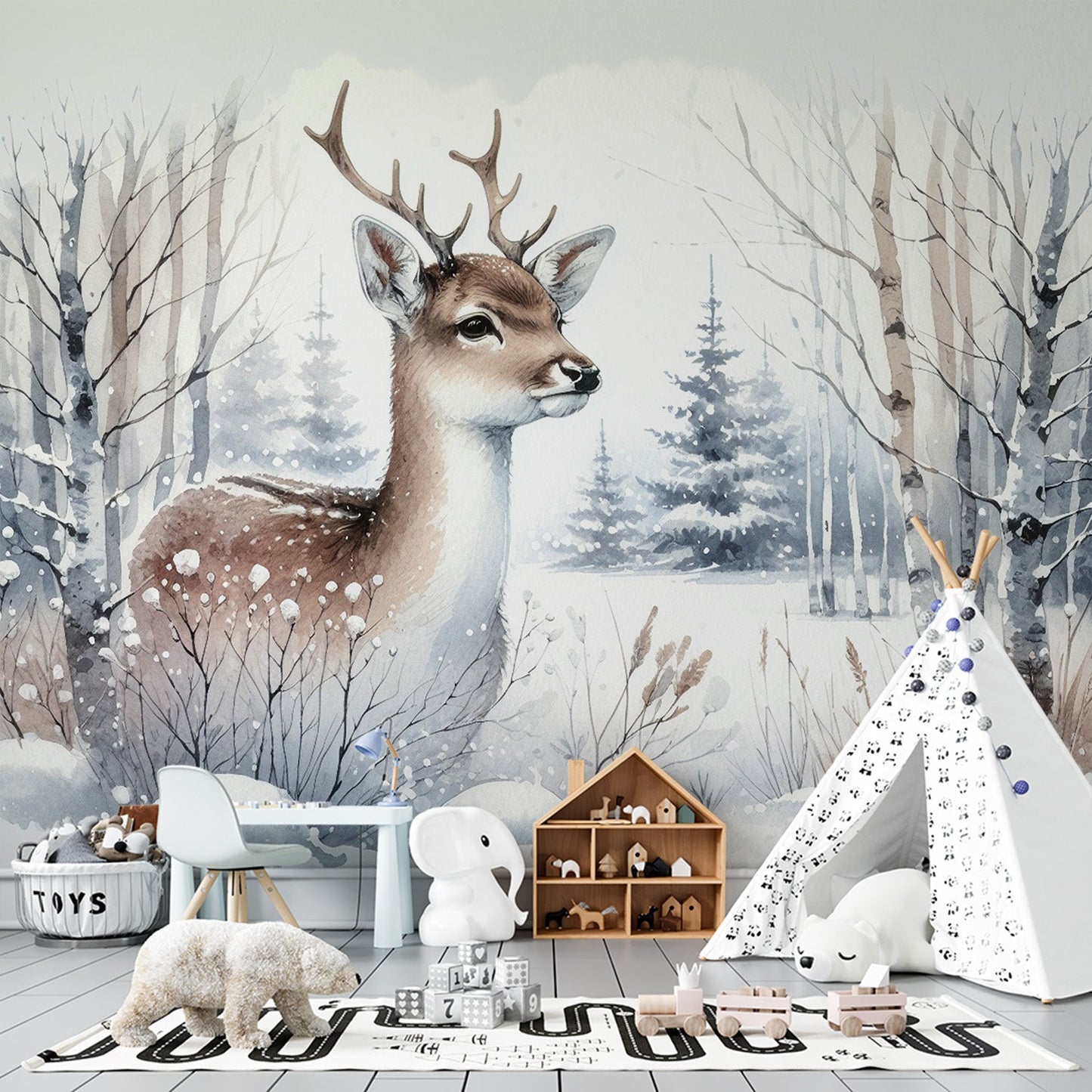 Tapete Hirsch | Schneewald in Aquarell