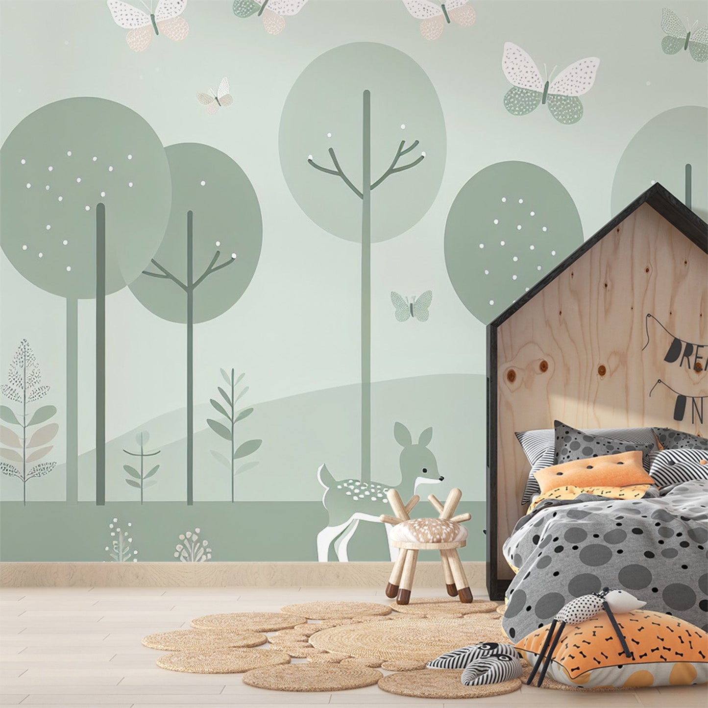 Tapete Hirsch | Kinderillustration grüner Wald und Hirsche