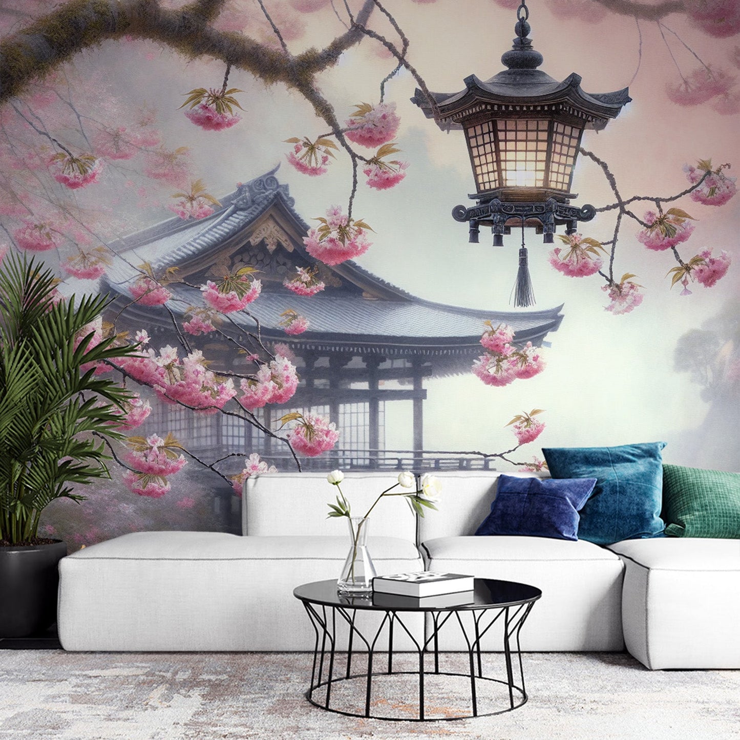 Kirschblüten Tapete | Traditionelle japanische Hütte mit Laterne