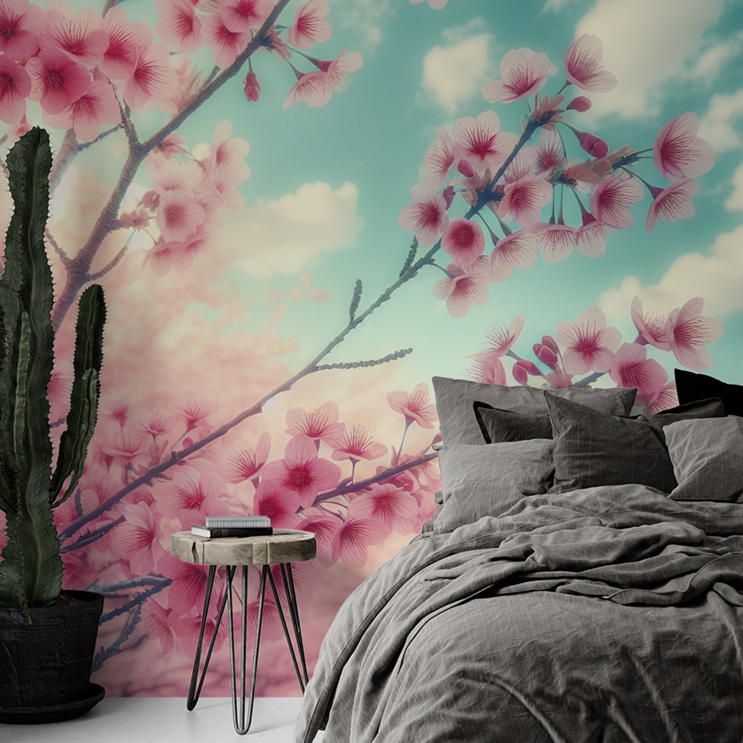 Kirschblüten Tapete | Tapete mit rosa Kirschblütenfeld und blauem Himmel