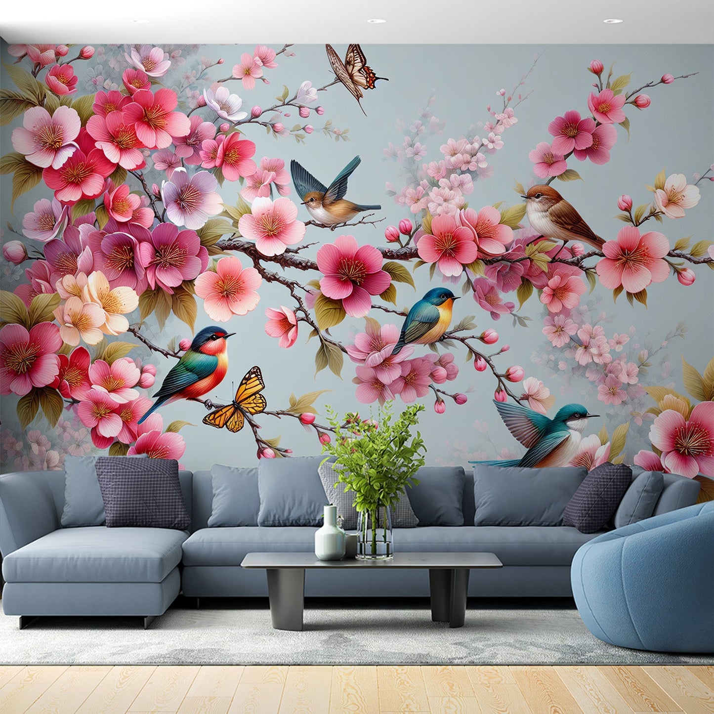Kirschblüten Tapete | Bunte Kirschblüten und Vögel Tapete