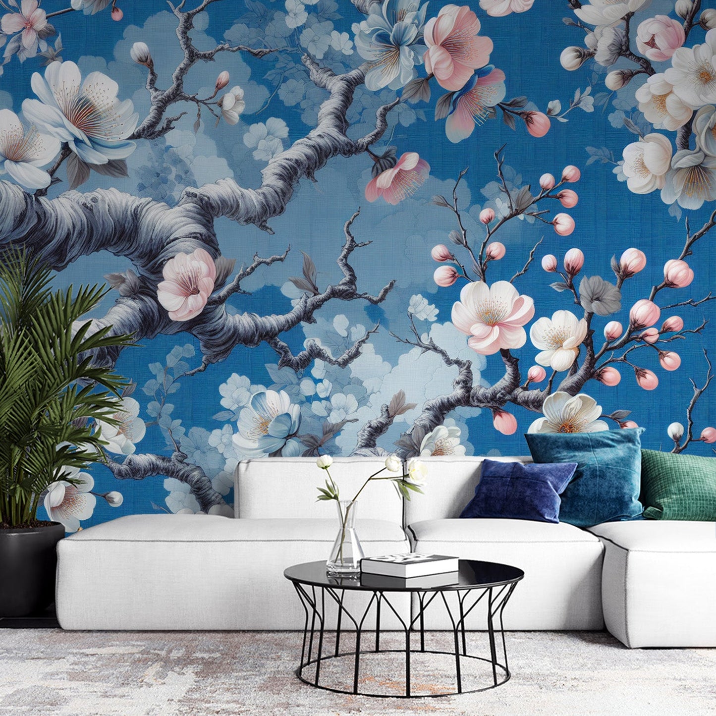 Kirschblüten Tapete | Elektrisch blaue Tapete mit weißen Kirschblüten
