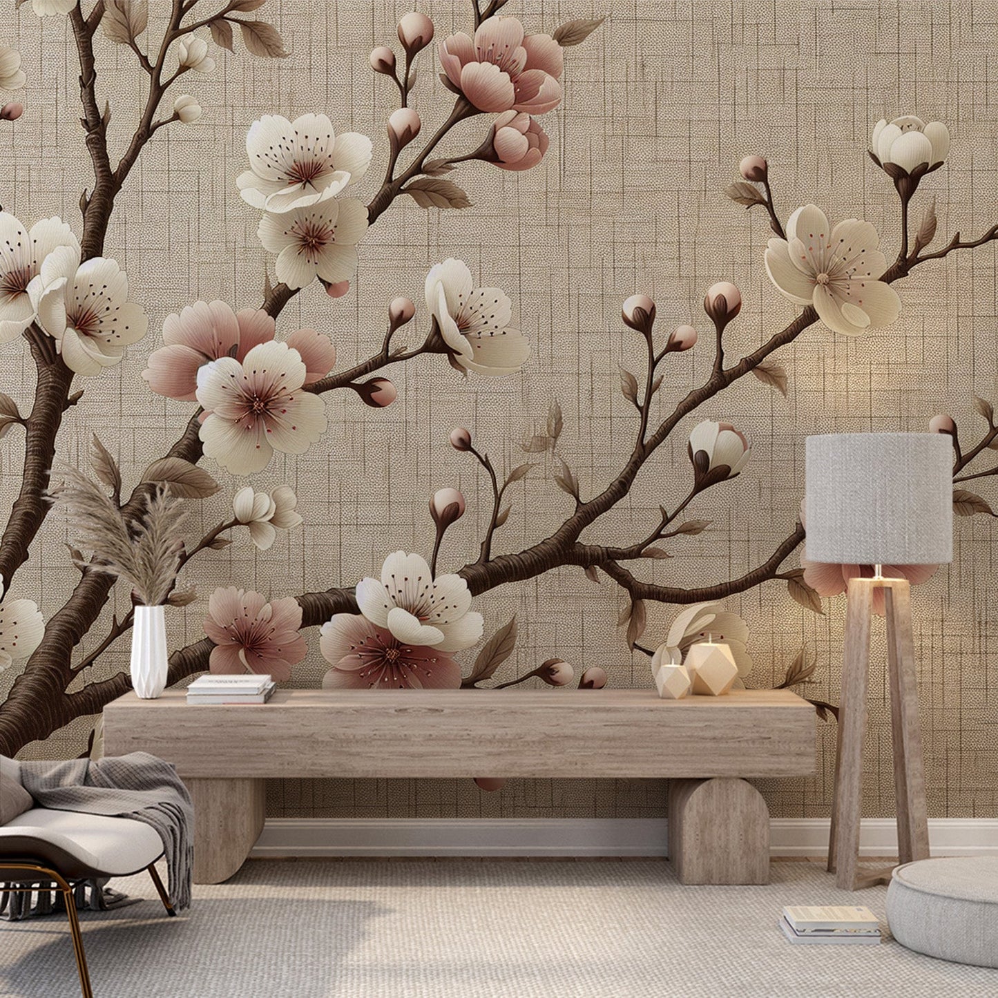 Kirschblüten Tapete | Vintage gewebter Hintergrund mit rosa und weißen Blumen