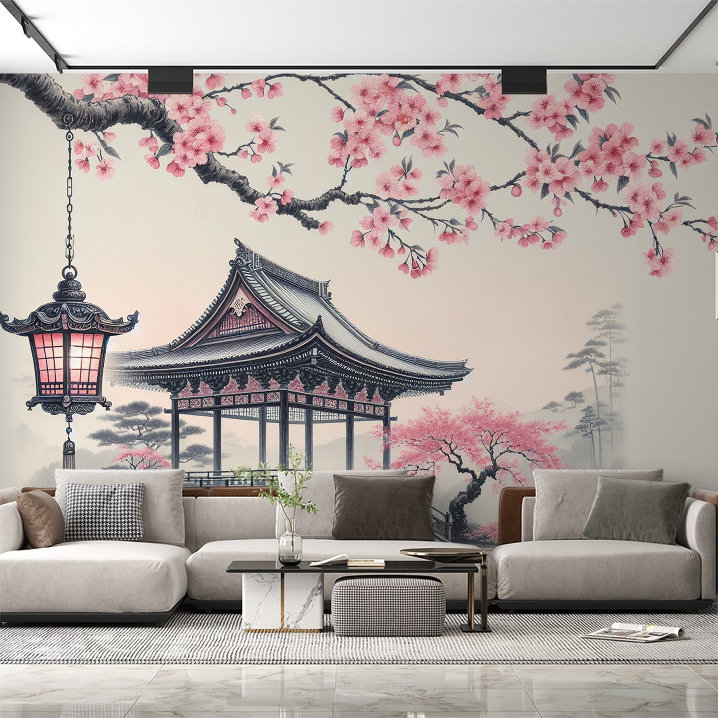 Kirschblüten Tapete | Laterne und traditionelle japanische Hütte