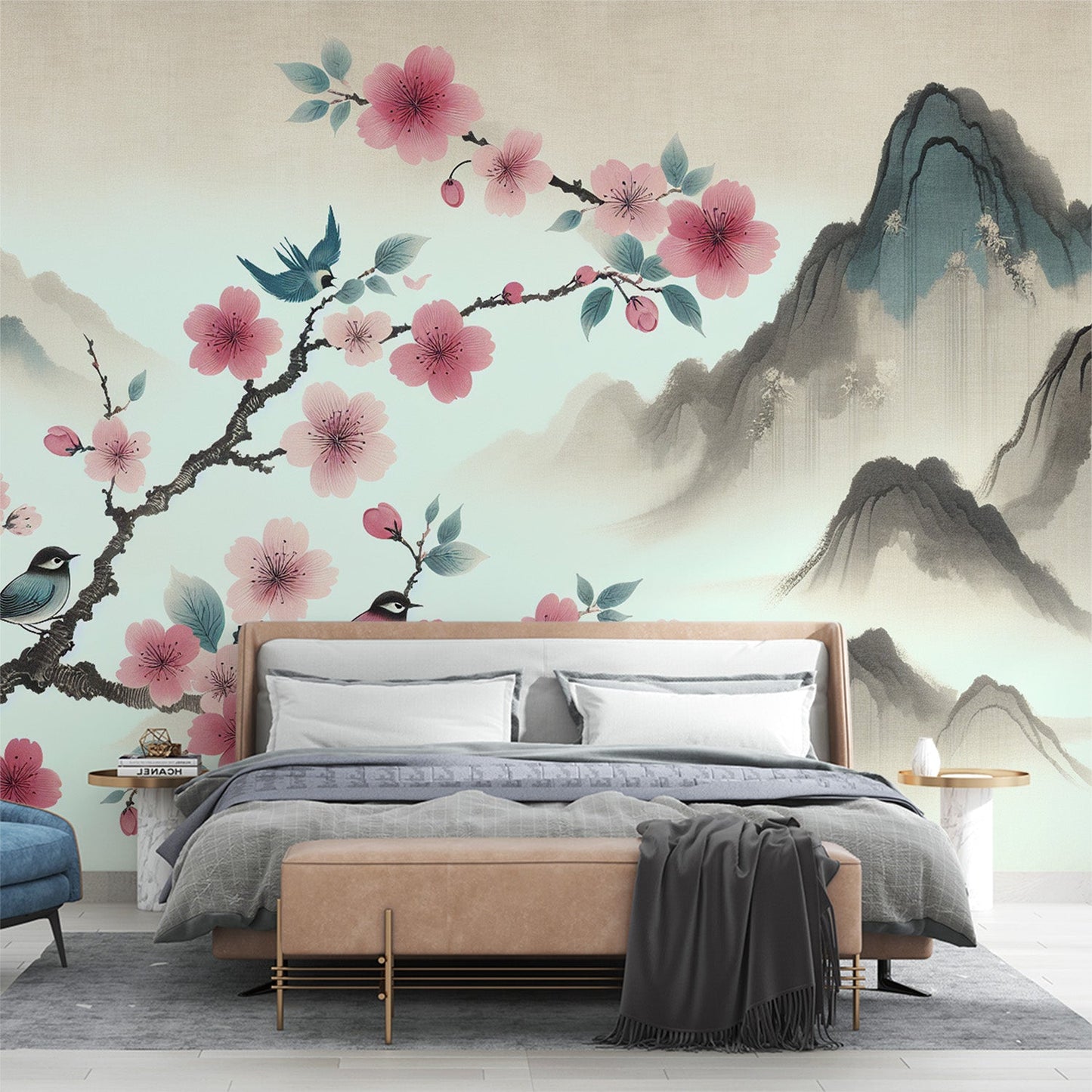 Kirschblüten Tapete | Relief Berglandschaft, Vögel und rosa Kirschblüten Tapete