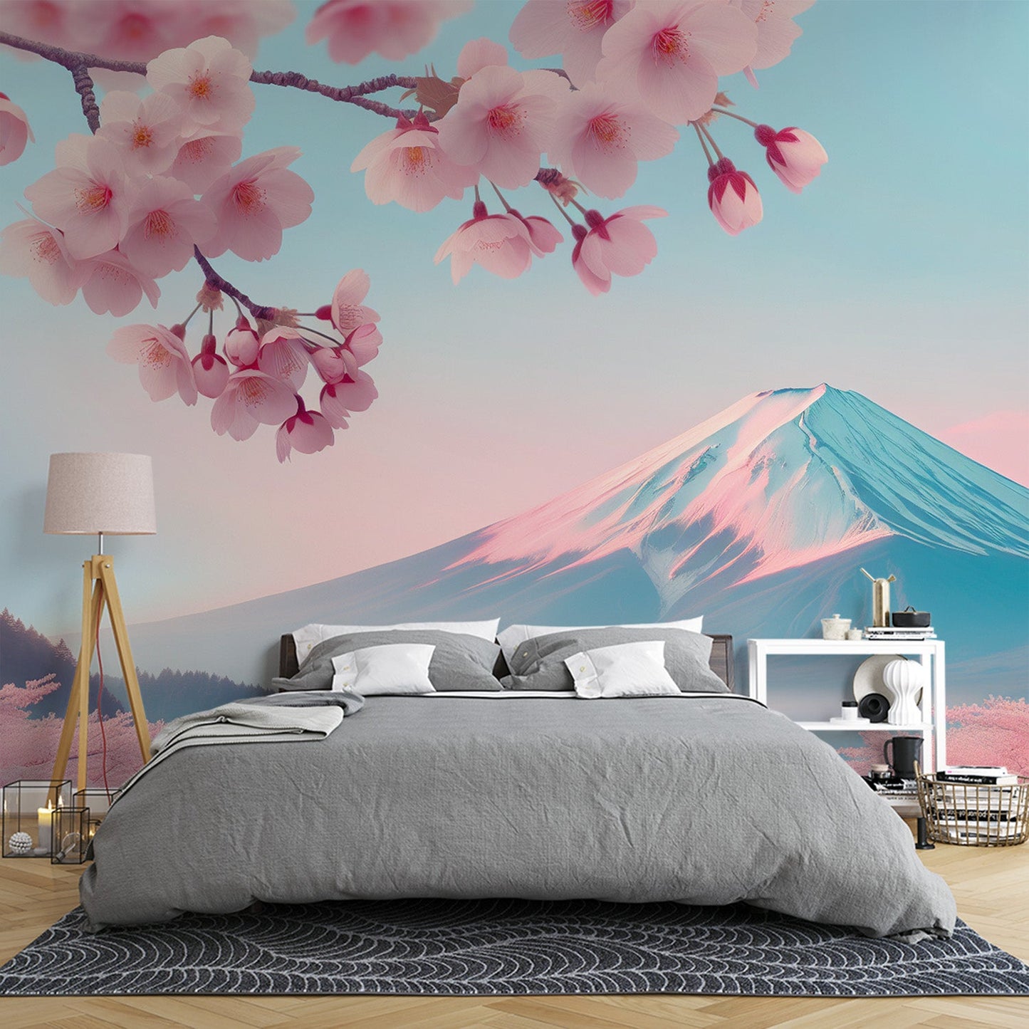 Kirschblüten Tapete | Mount Fuji und Tal mit rosa Kirschblüten-Tapete