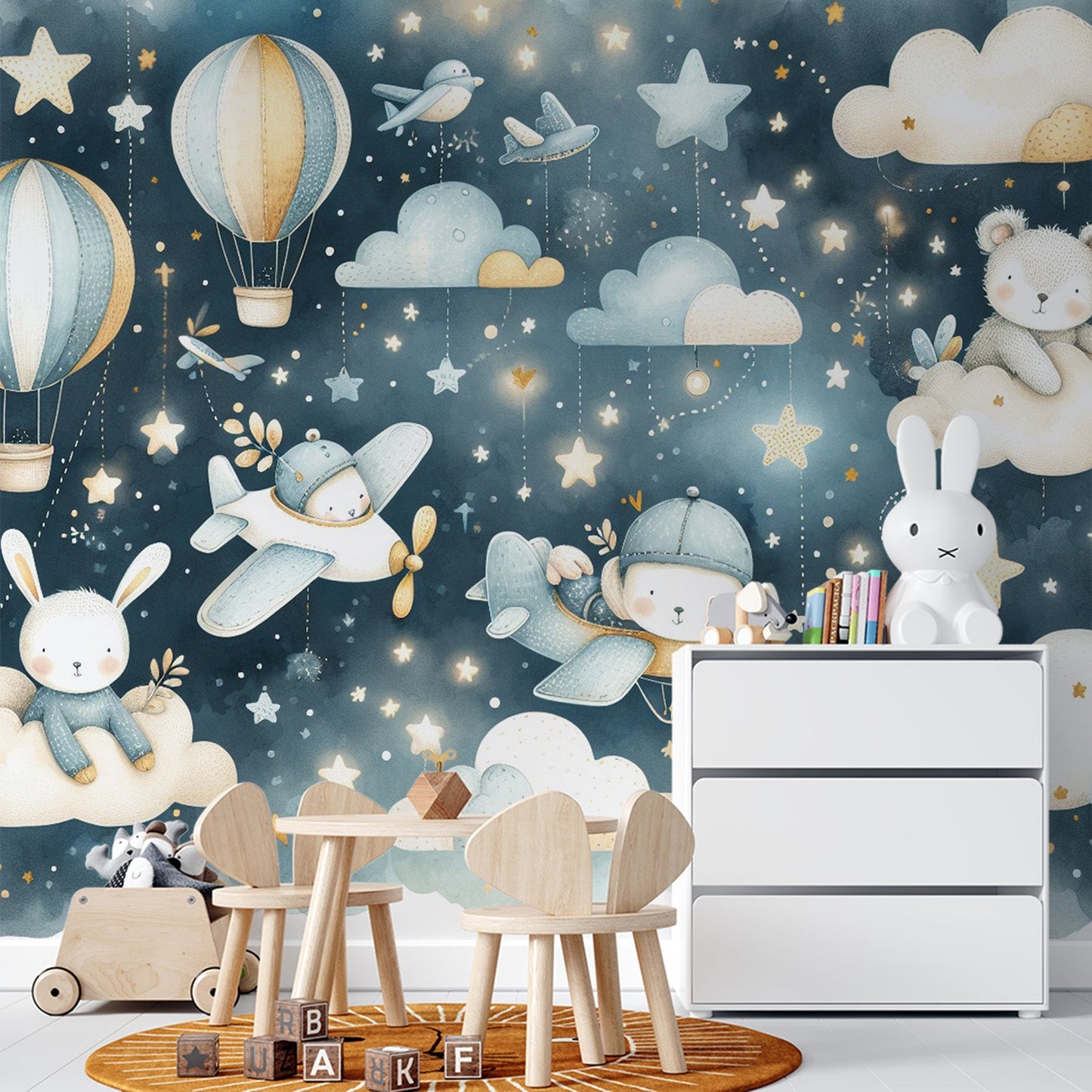 Tapete Kinderzimmer | Nachtblaue Aquarell mit Bär im Flugzeug