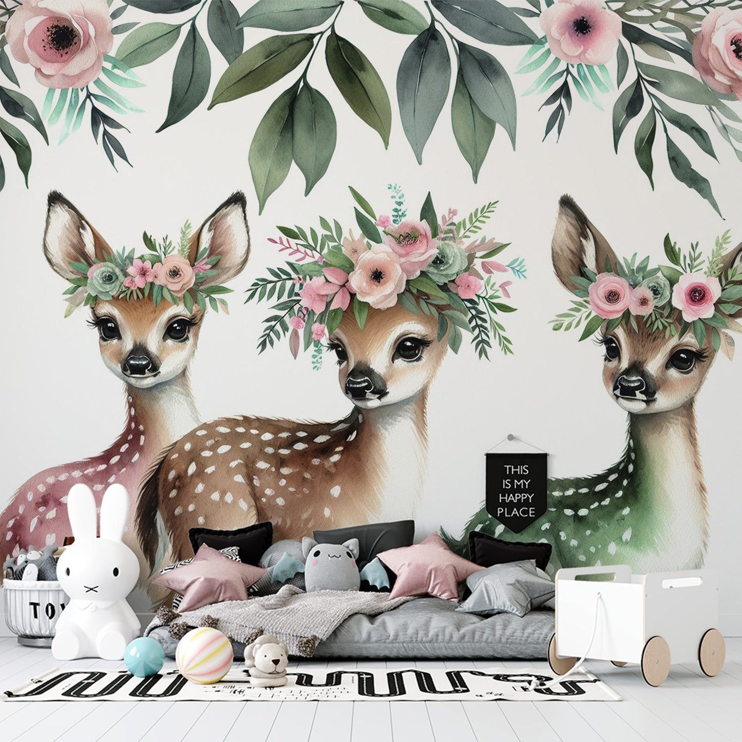 Tapete Kinderzimmer | Niedliche Rehe und bunte Blumen in Aquarell