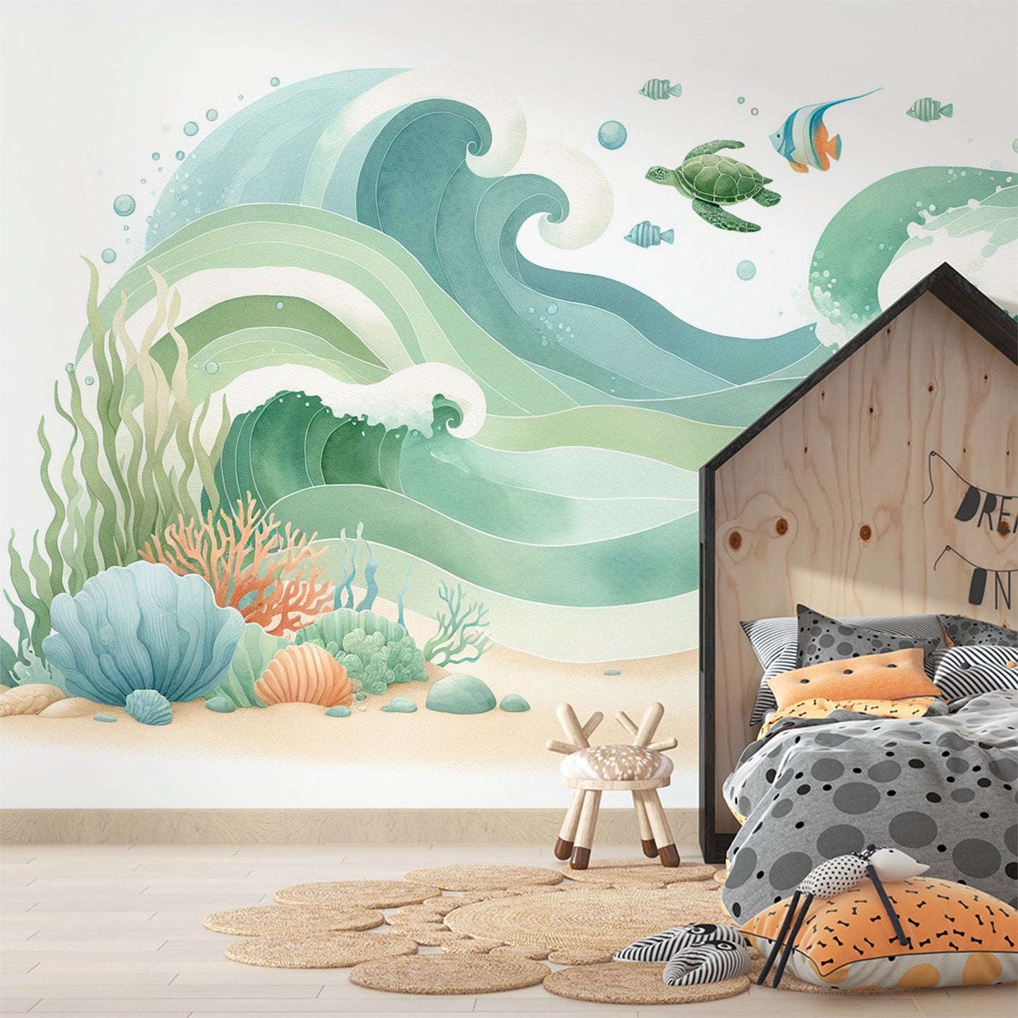 Tapete Kinderzimmer | Meeresgrund, Seepferdchen, Schildkröte und Korallen