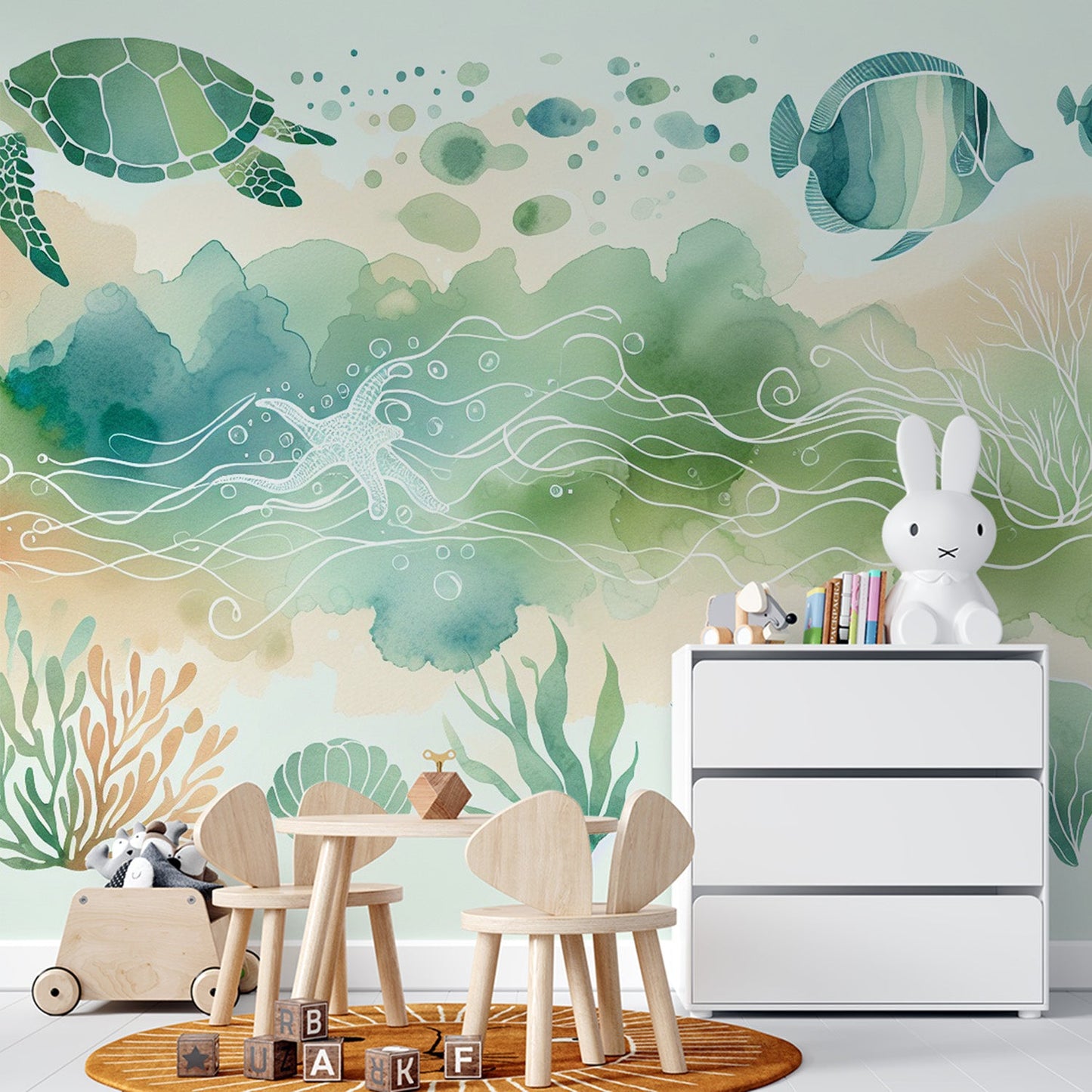 Tapete Kinderzimmer | Meeresgrund mit Schildkröte, Fischen und Seepferdchen