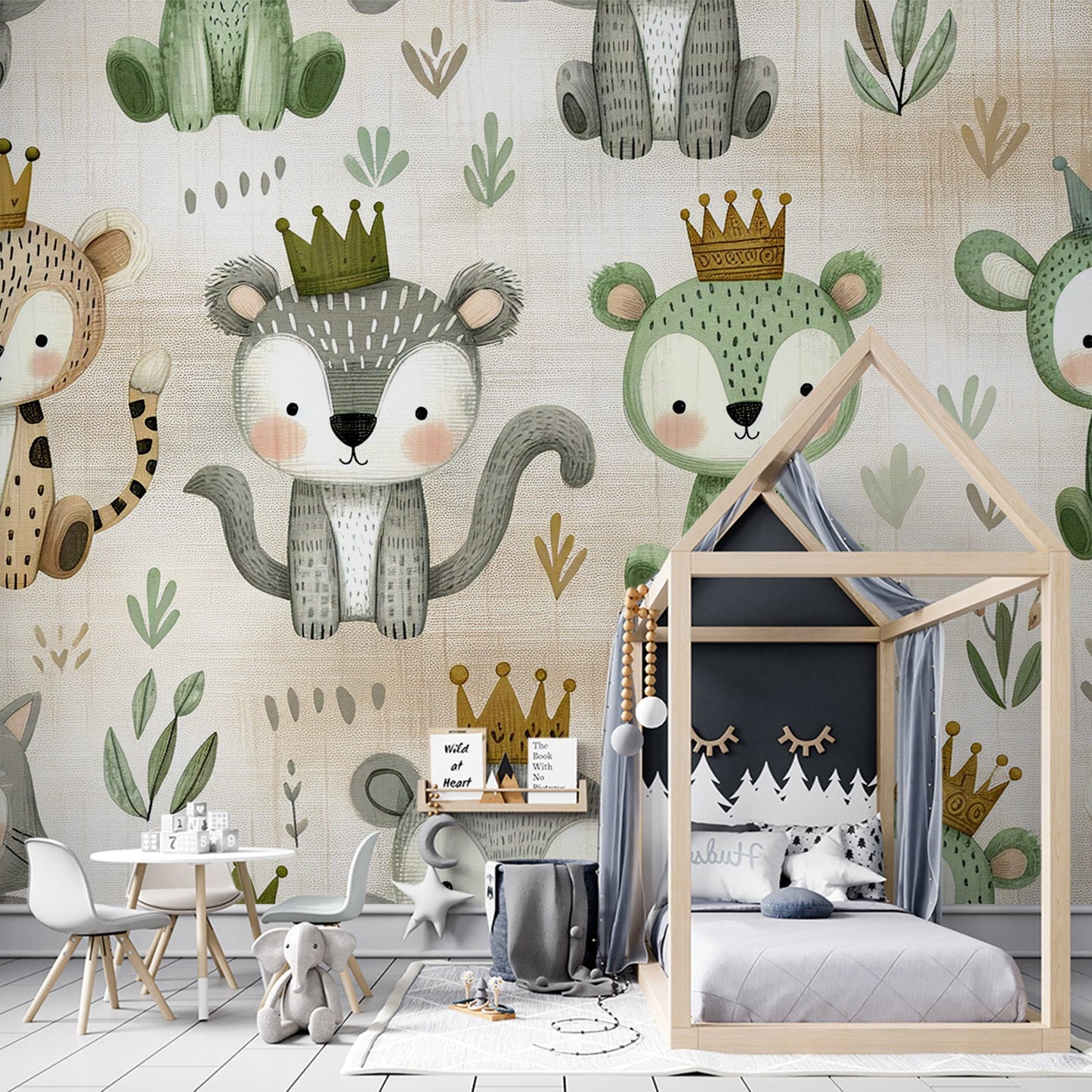 Tapete Kinderzimmer | Löwe, Bär und Katze mit Krone