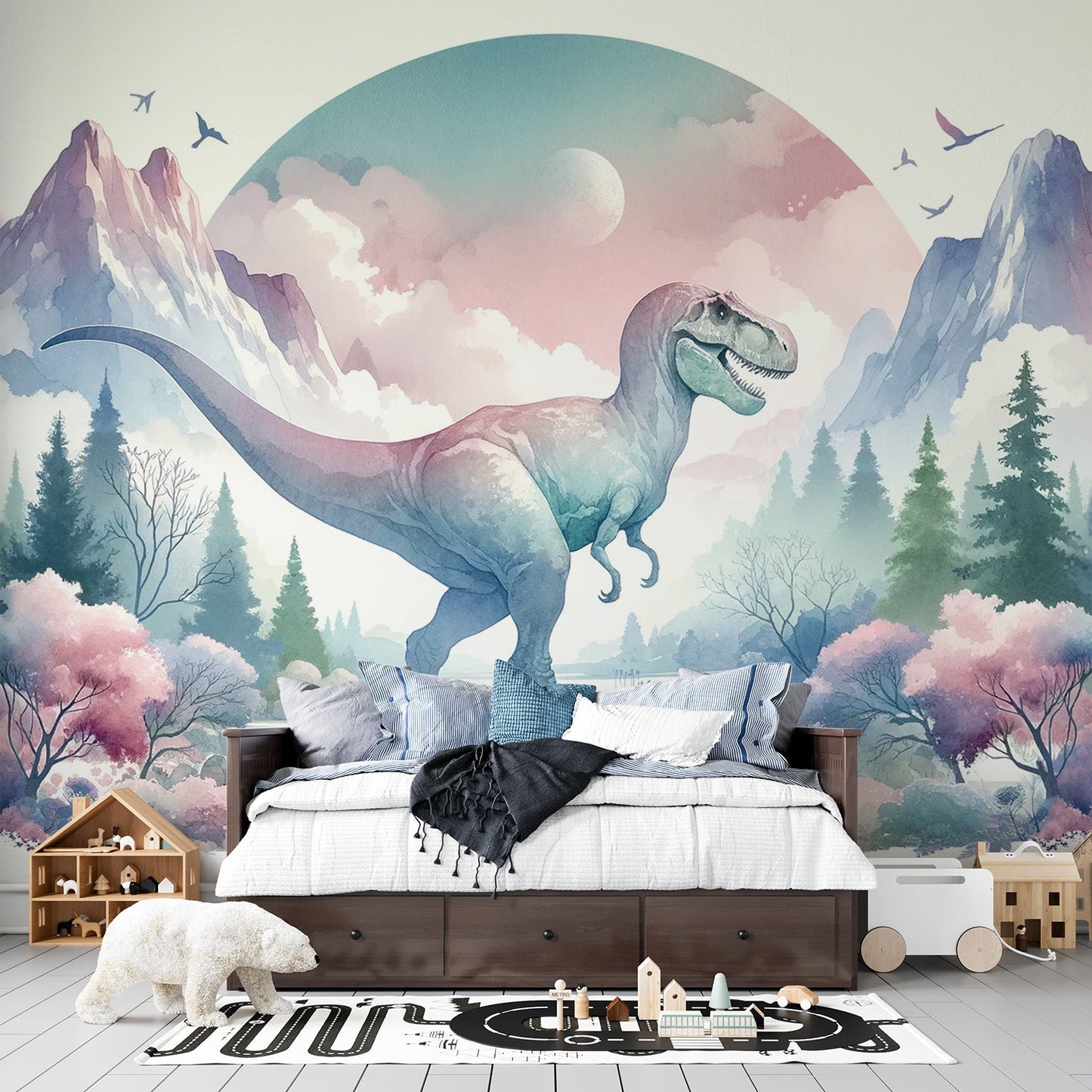 Dinosaurier Tapete | Rosa Aquarell eines T-Rex in den Bergen