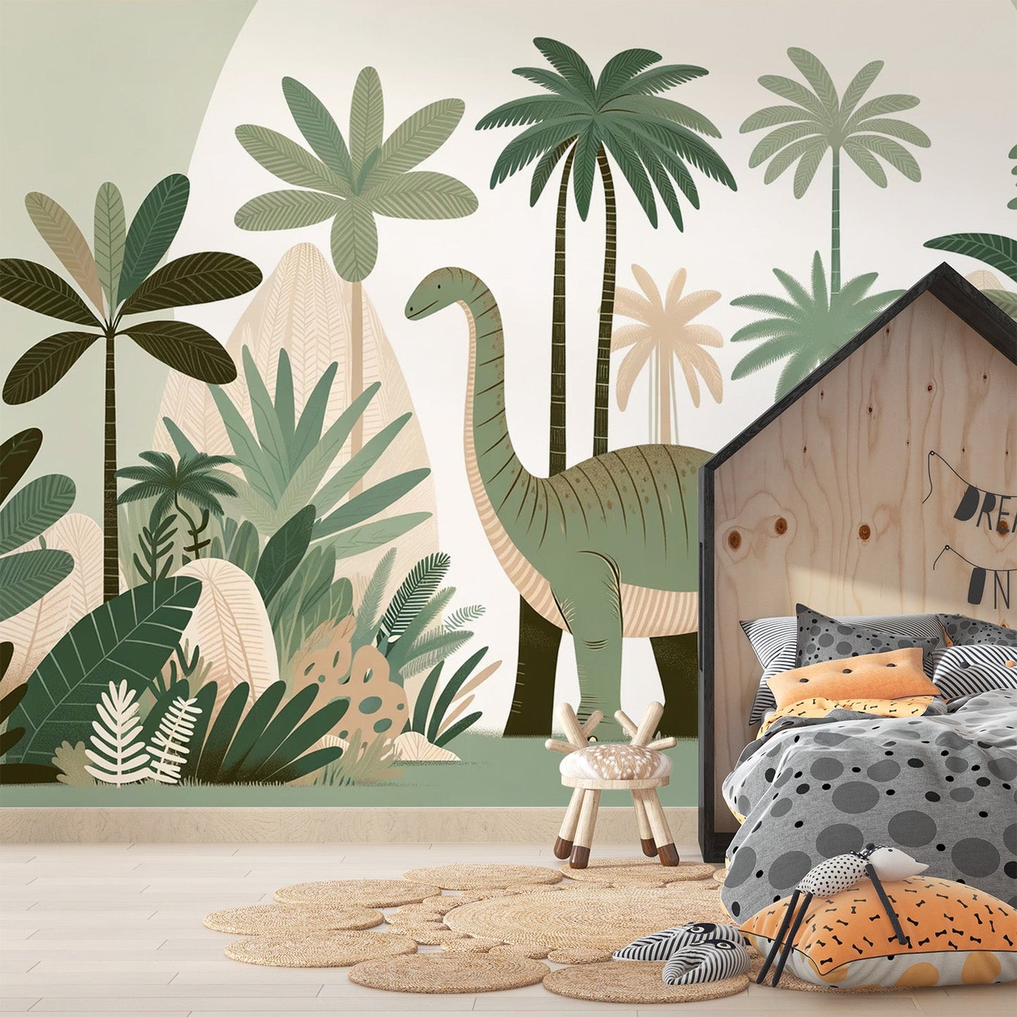 Dinosaurier Tapete | Palmen und grüner Diplodocus Tapete