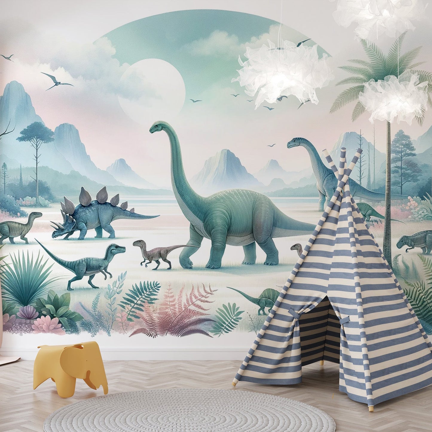 Dinosaurier Tapete | Vollmond und pastellfarbene Dinosaurier