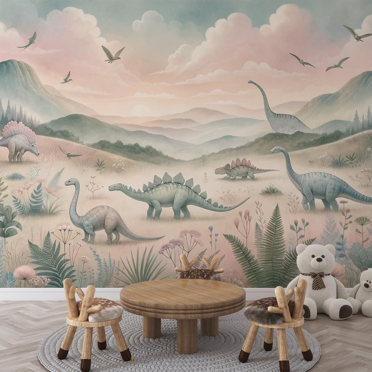 Dinosaurier Tapete | Pastellfarbene Bergtal Tapete