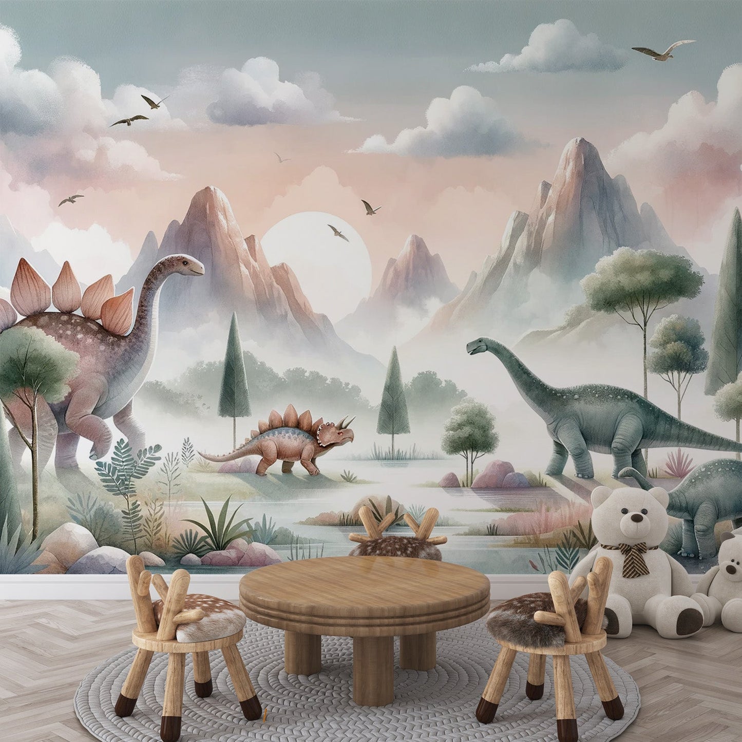 Dinosaurier Tapete | Bergtal mit Fluss