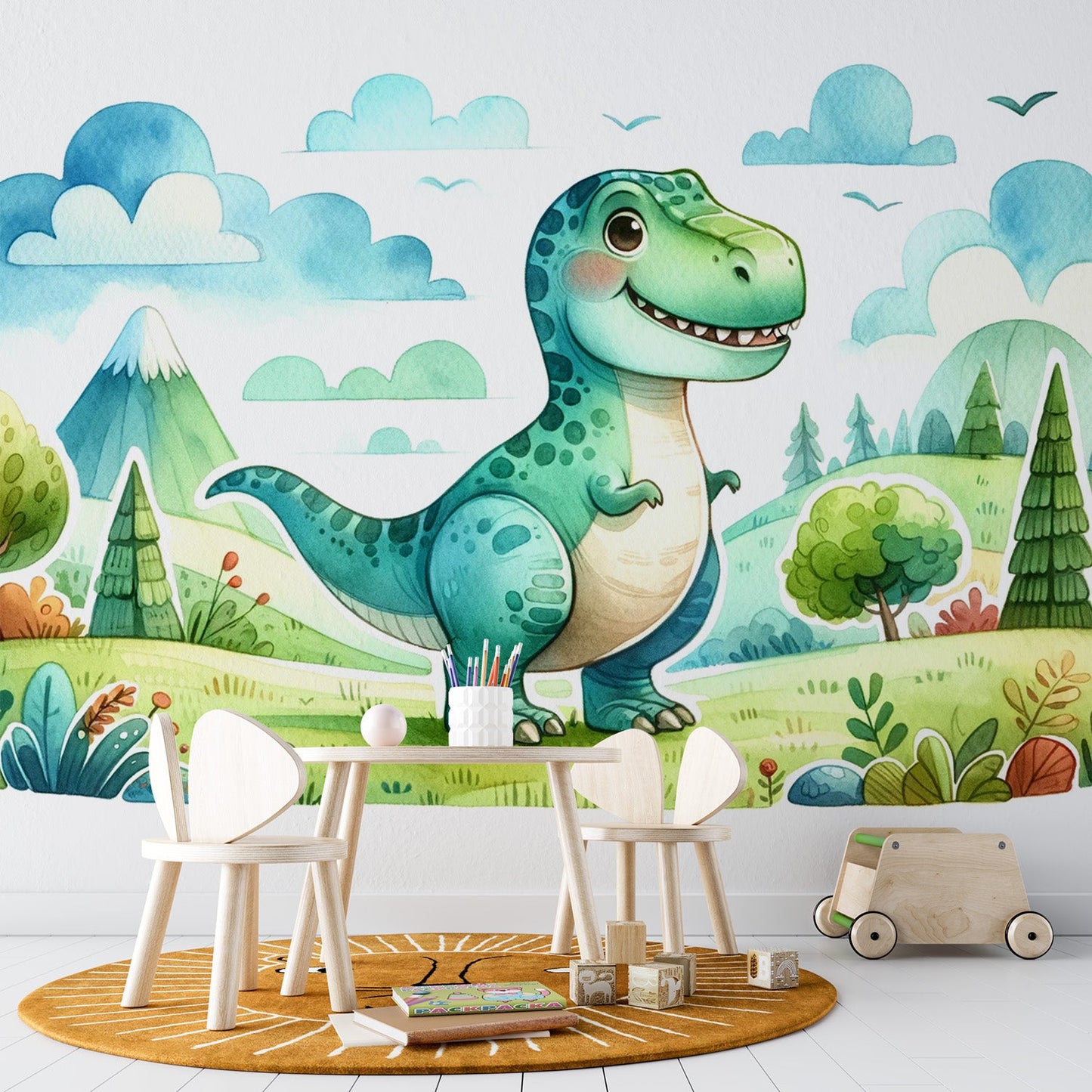 Kindertapete Dinosaurier | Aquarell eines grünen T-Rex in einer Wiese
