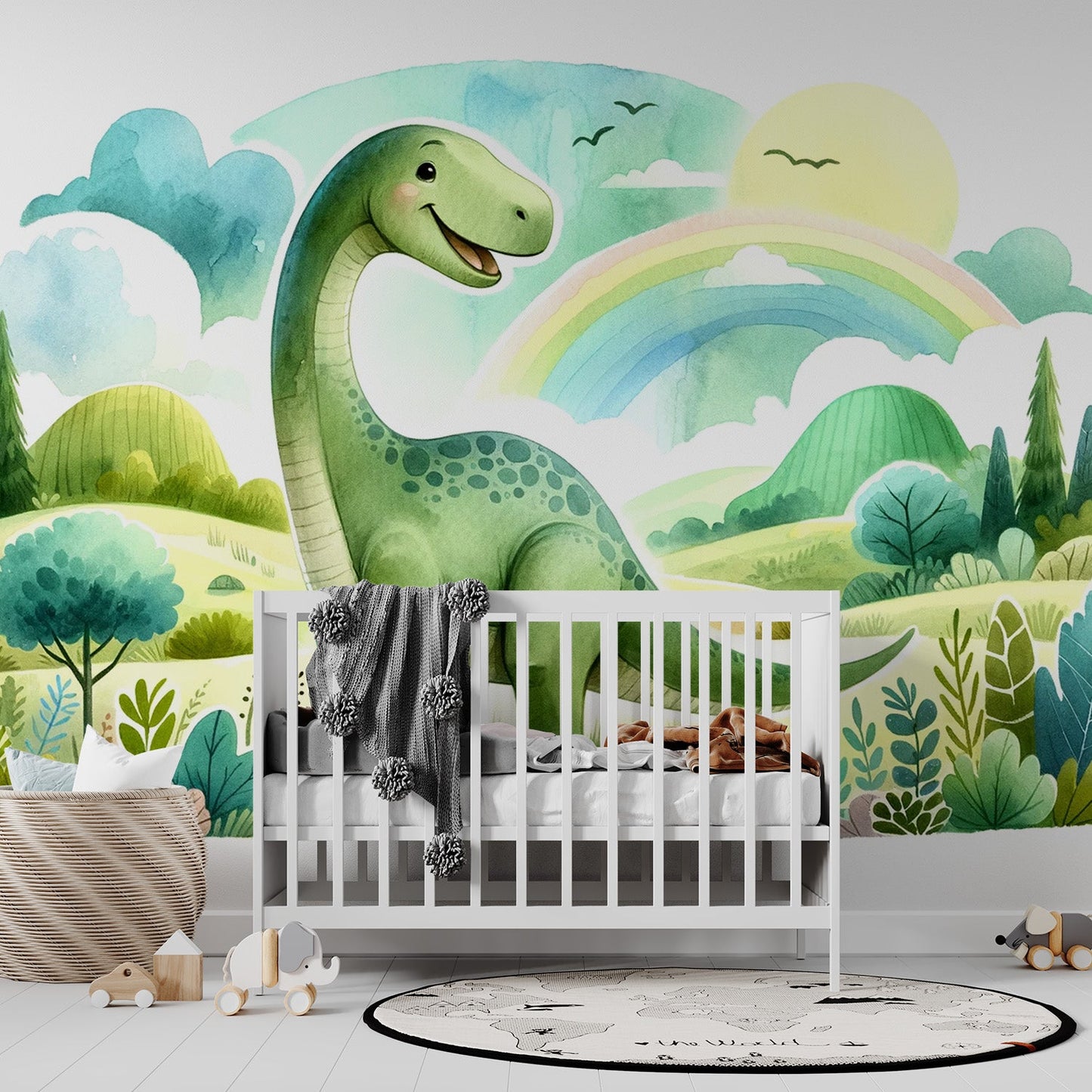 Kindertapete Dinosaurier| Aquarell eines grünen Diplodocus in einer Wiese