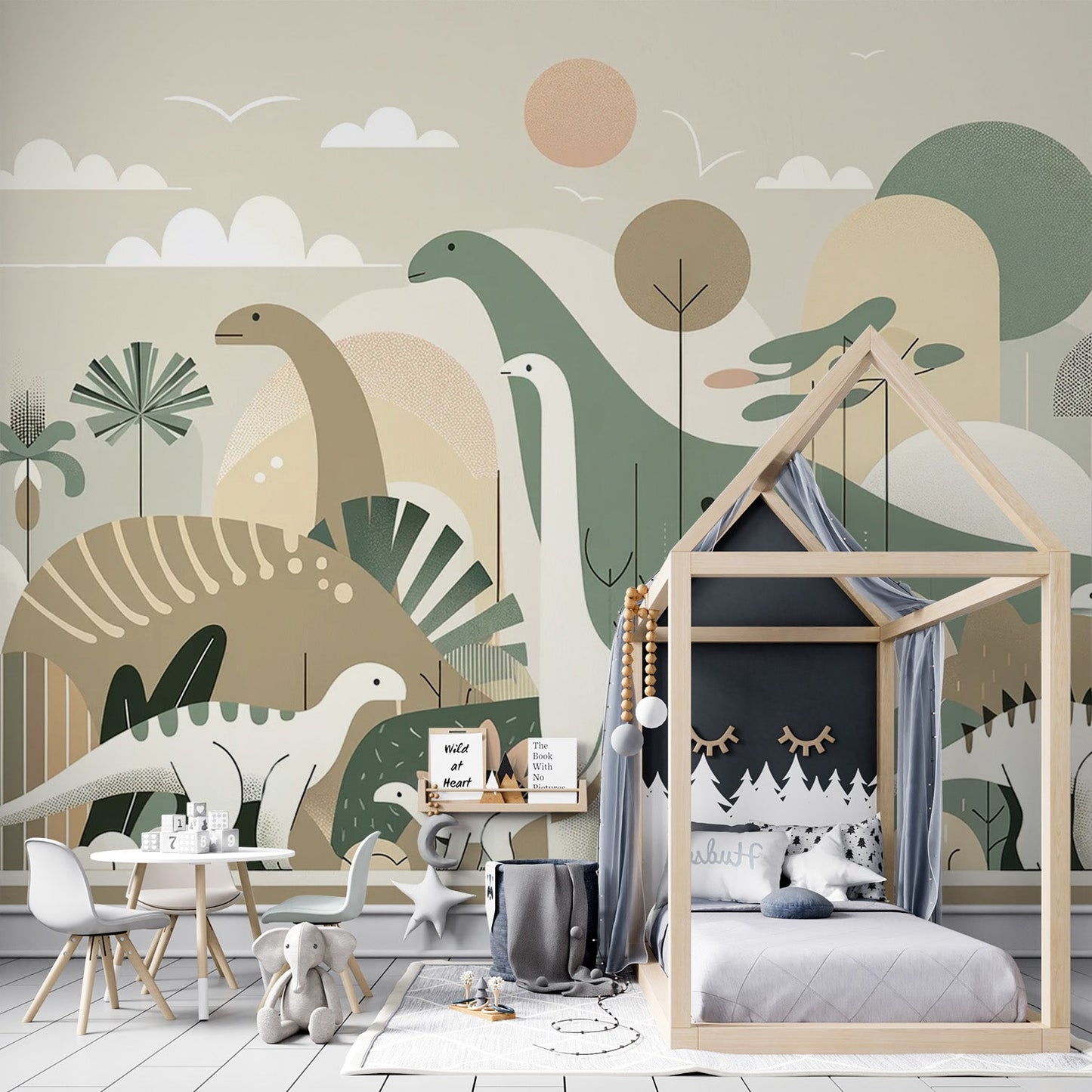 Kindertapete Dinosaurier | Fantasievolle Illustration von Dinosauriern in neutralen Farbtönen
