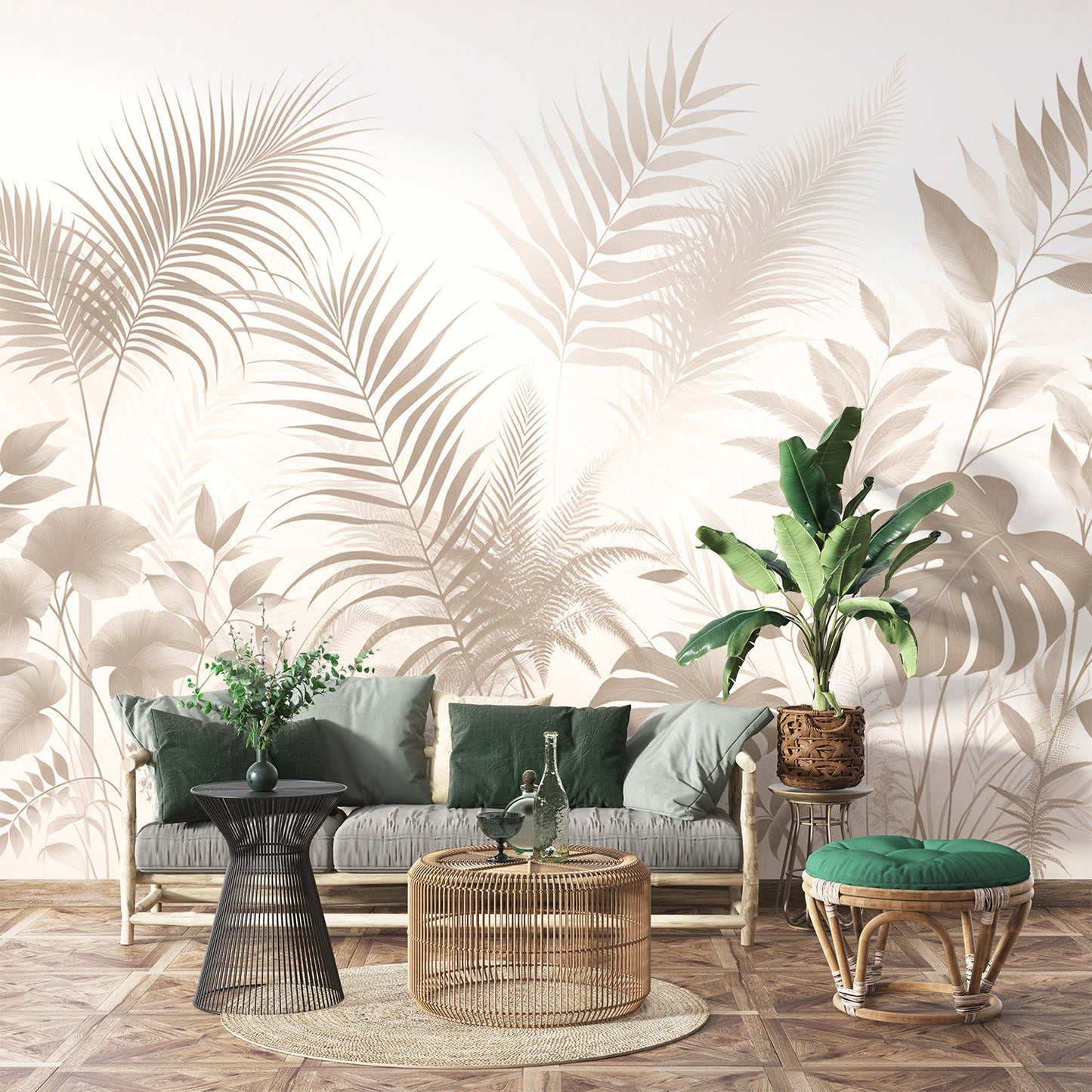 Tapete Blätter beige | Vintage-Design mit verschiedenen Blattmotiven