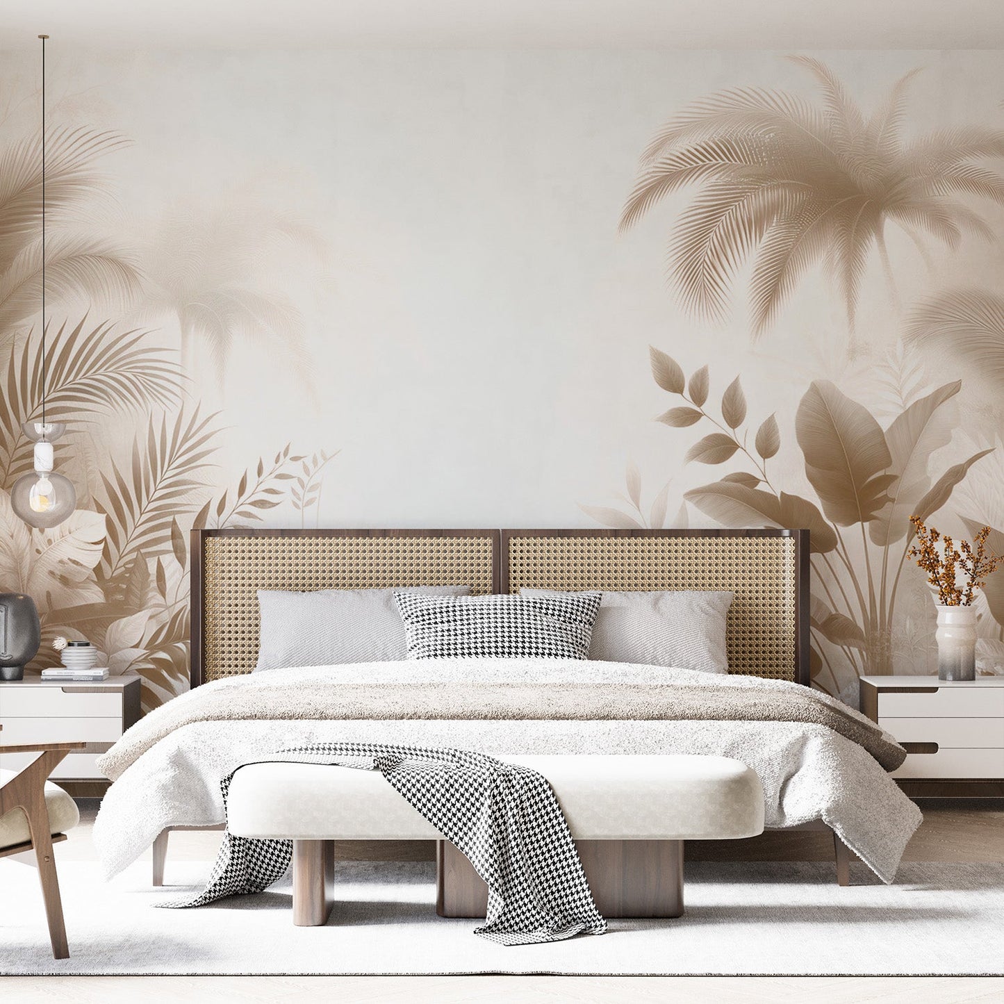Tapete Blätter beige | Tapete mit Blättern und Palmen im Tropenstil