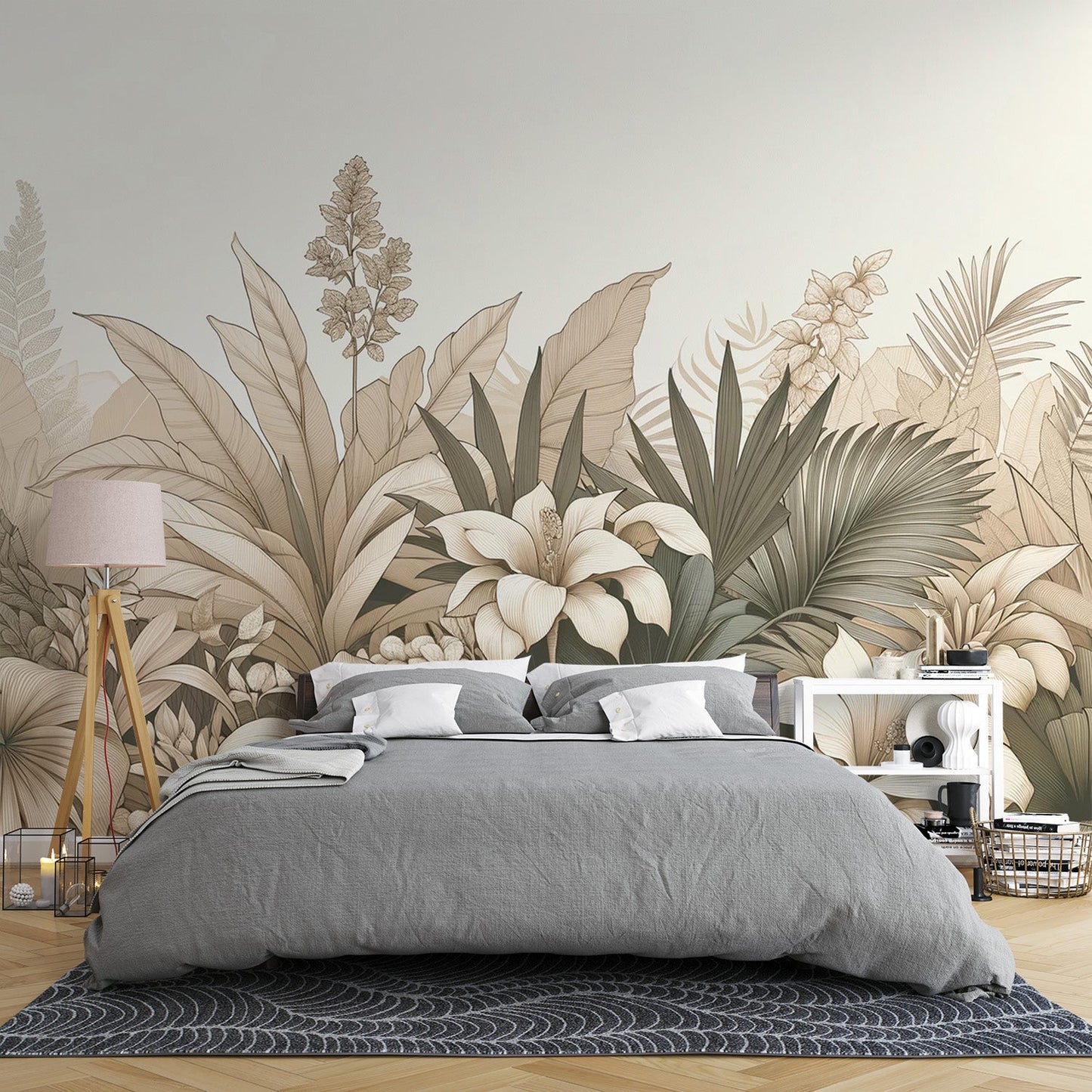 Tapete Blätter beige | Tapete mit beigen Blättern und Blumen