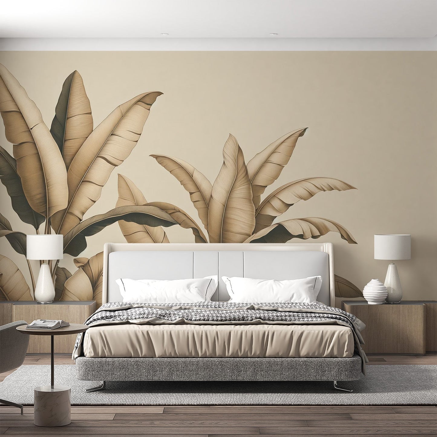 Tapete Blätter beige | Beige Bananenblätter auf hellem Hintergrund