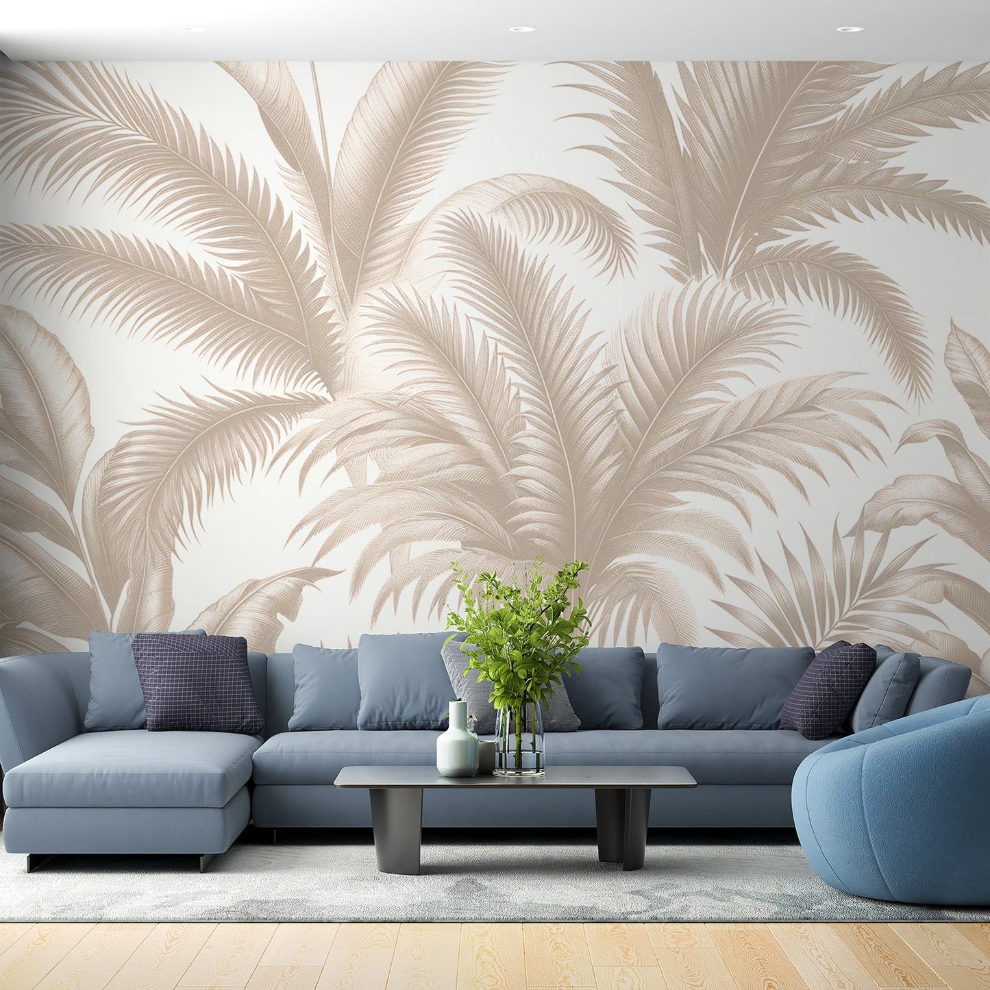 Tapete Blätter beige | Vintage-Palmblätter auf hellem Hintergrund