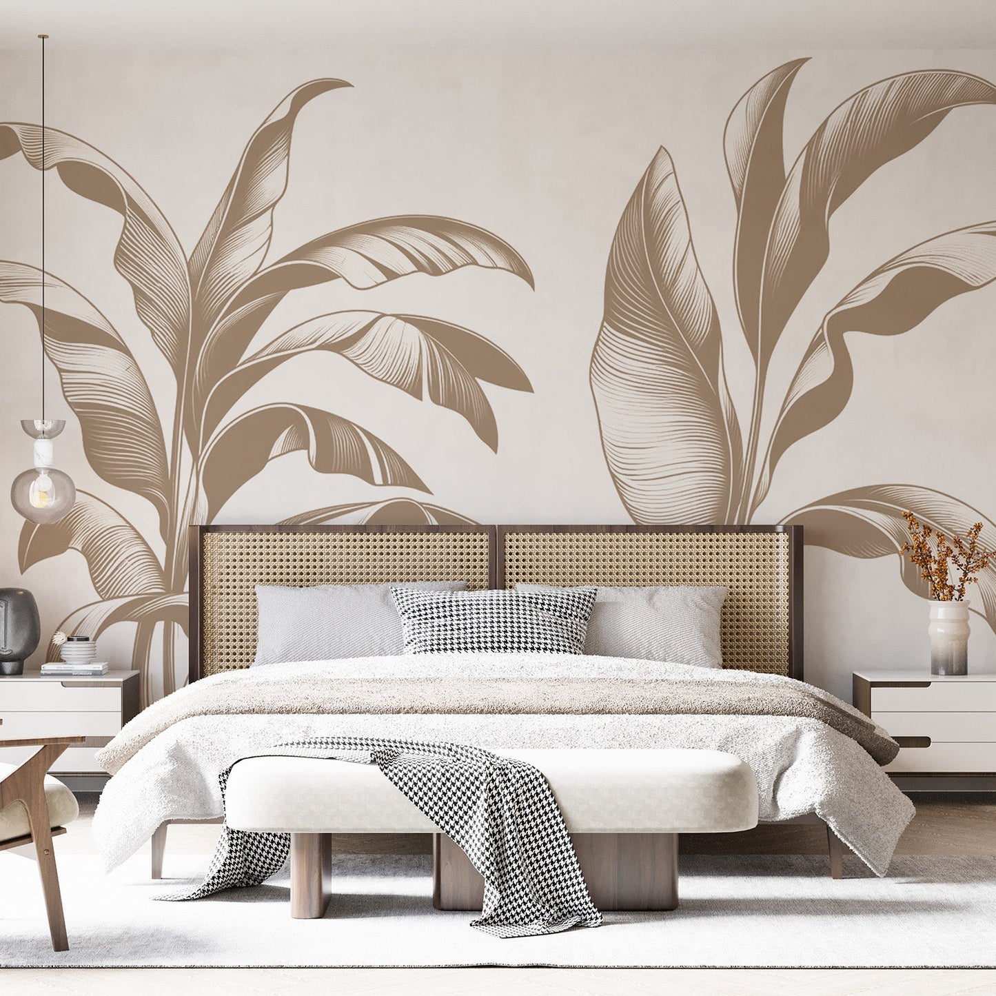 Tapete Blätter beige | Linienkunst von Bananenblättern