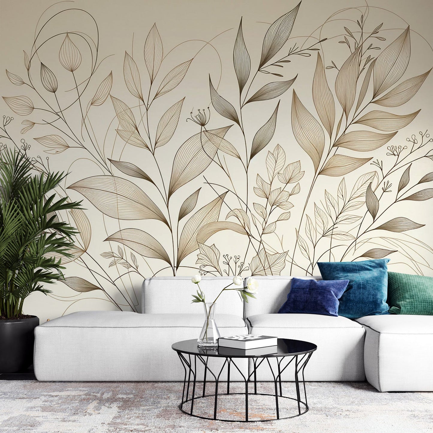 Tapete Blätter beige | Tapete mit verschiedenen beigen Blattmotiven in Linienzeichnung