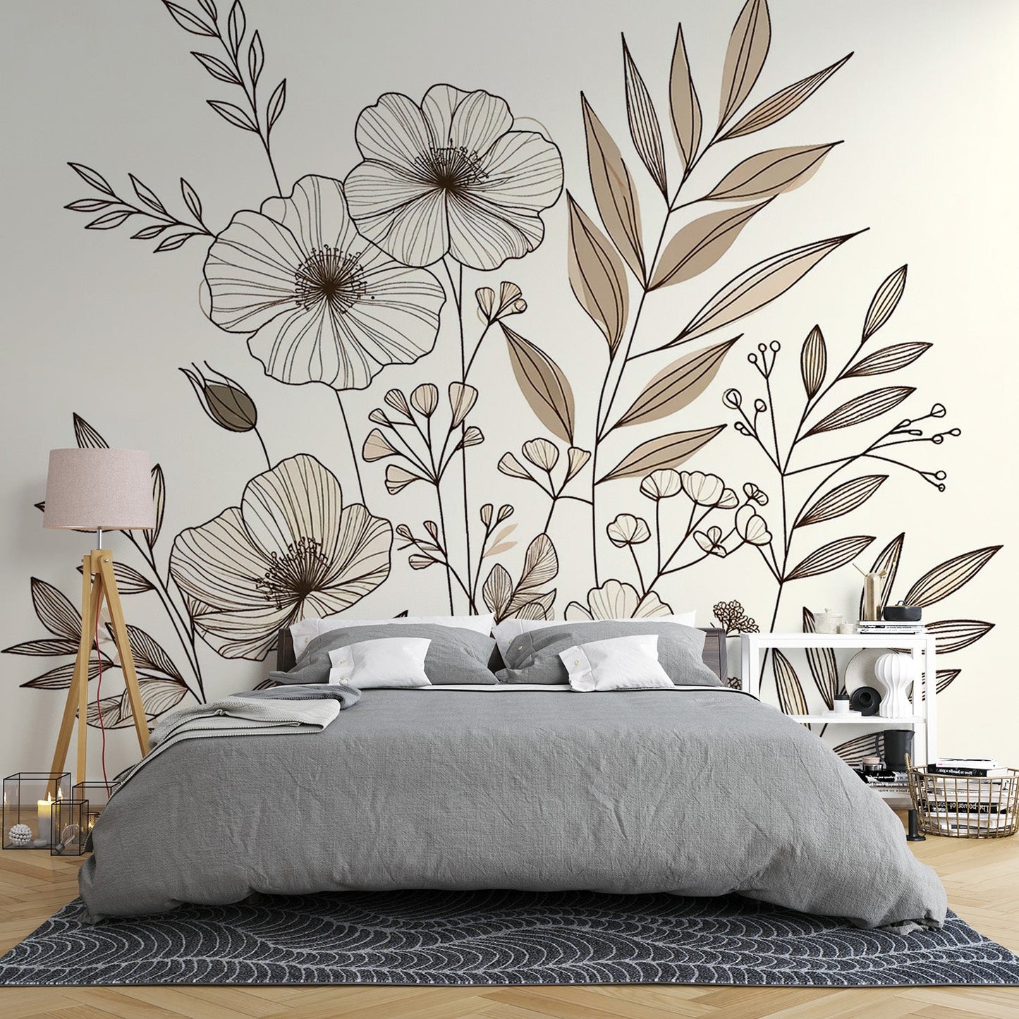 Tapete Blätter beige | Tapete mit Linienzeichnungen von Blumen und verschiedenen beigen Blättern