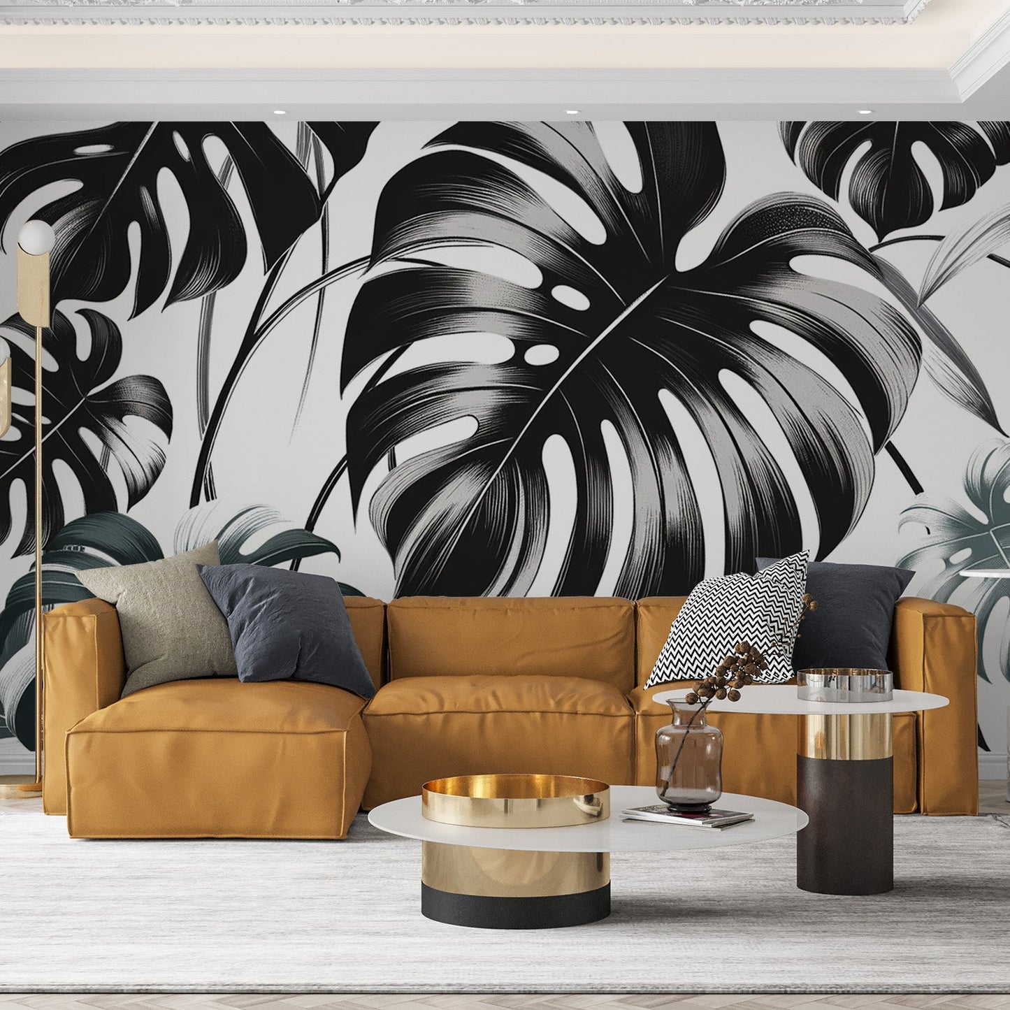 Tapete Blätter | Schwarze Monstera-Blätter auf hellem Hintergrund